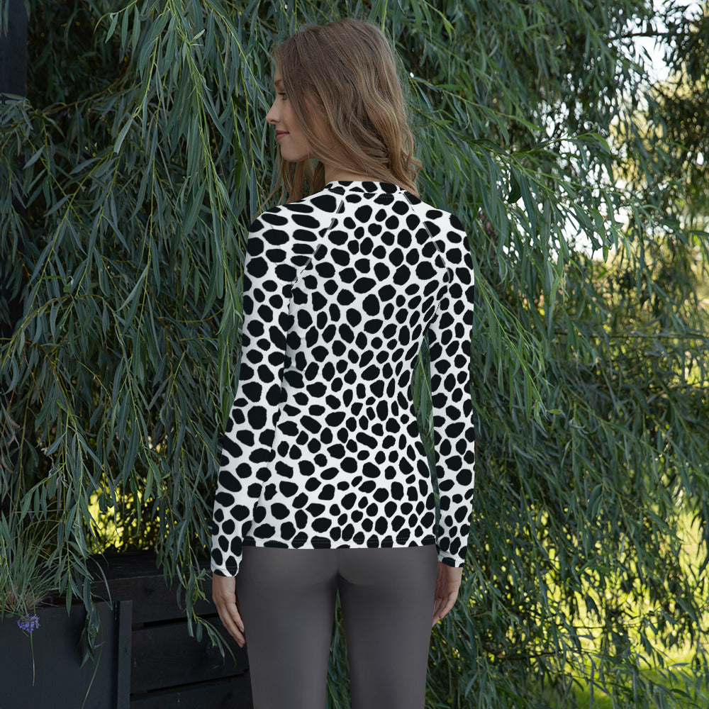 Women's Black & White Spotted Animal Print Long Sleeve Rash Guard Swim Shirt – Buttery Soft, Sun Safe UPF 50+ Protection, Quick Dry & 4-Way Stretch Comfort