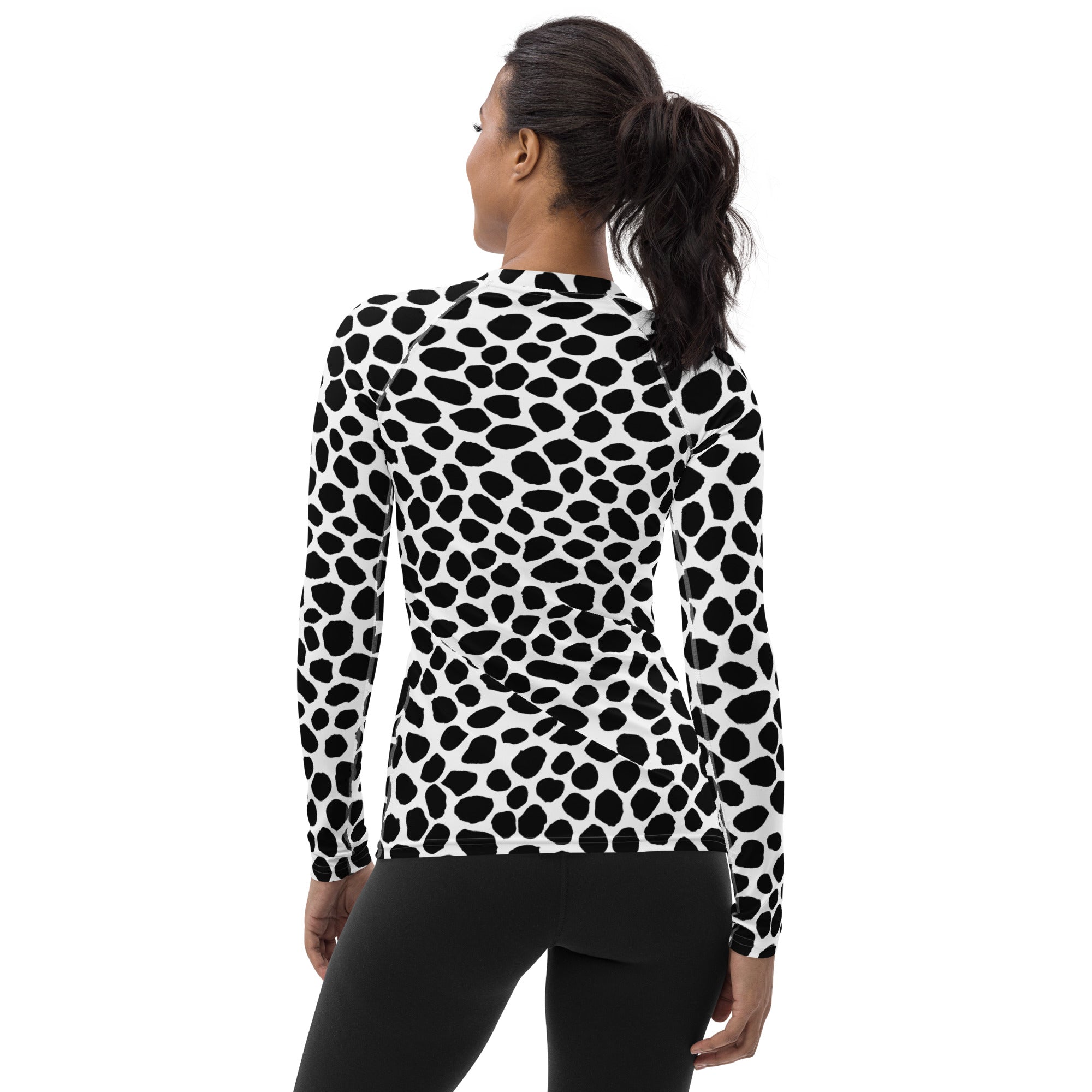 Women's Black & White Spotted Animal Print Long Sleeve Rash Guard Swim Shirt – Buttery Soft, Sun Safe UPF 50+ Protection, Quick Dry & 4-Way Stretch Comfort