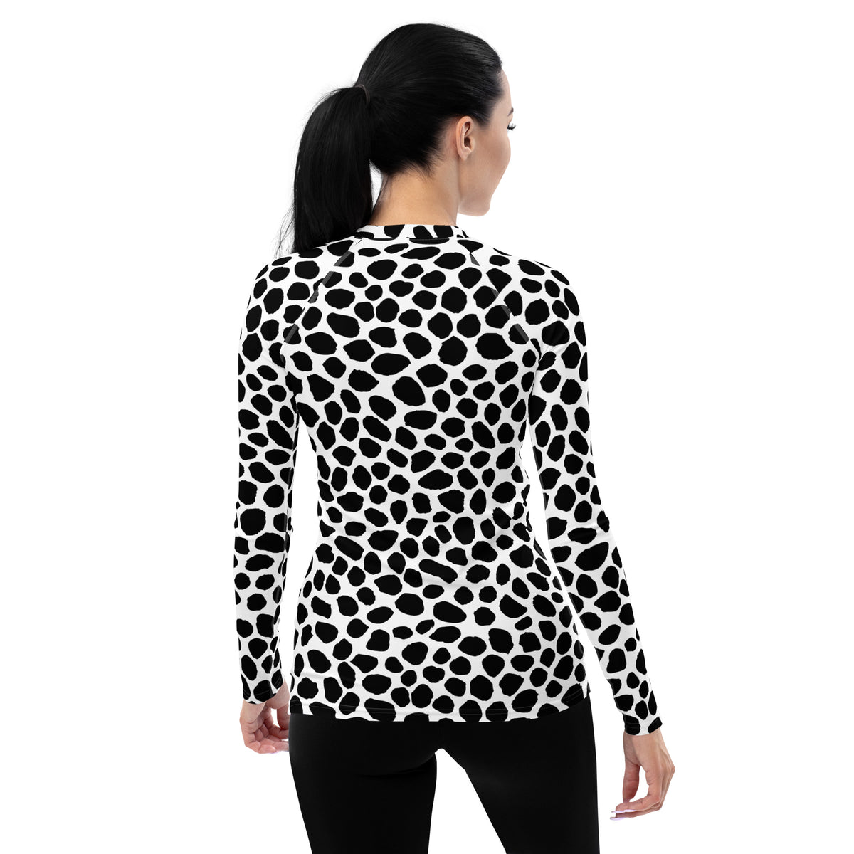 Women's Black & White Spotted Animal Print Long Sleeve Rash Guard Swim Shirt – Buttery Soft, Sun Safe UPF 50+ Protection, Quick Dry & 4-Way Stretch Comfort