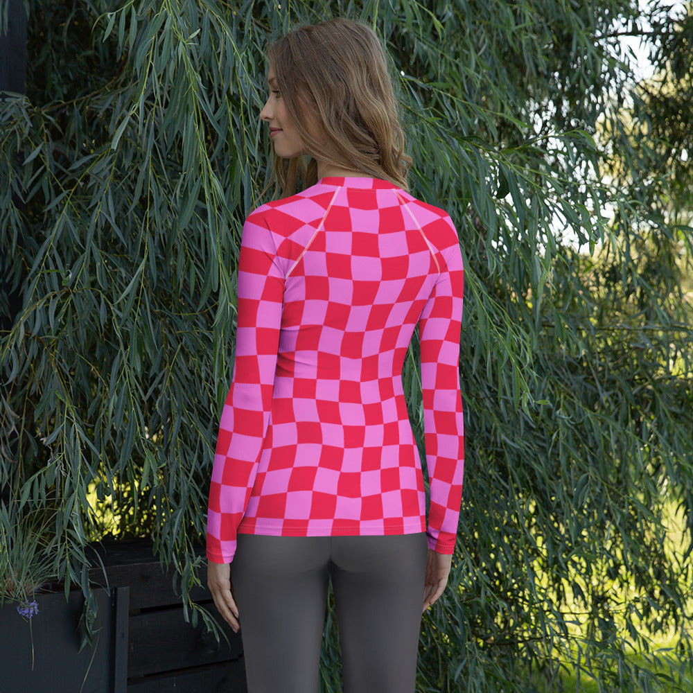 Women's Neon Wavy Pink Checkerboard Long Sleeve Rash Guard Swim Shirt – Buttery Soft, Sun Safe UPF 50+ Protection, Quick Dry & 4-Way Stretch Comfort