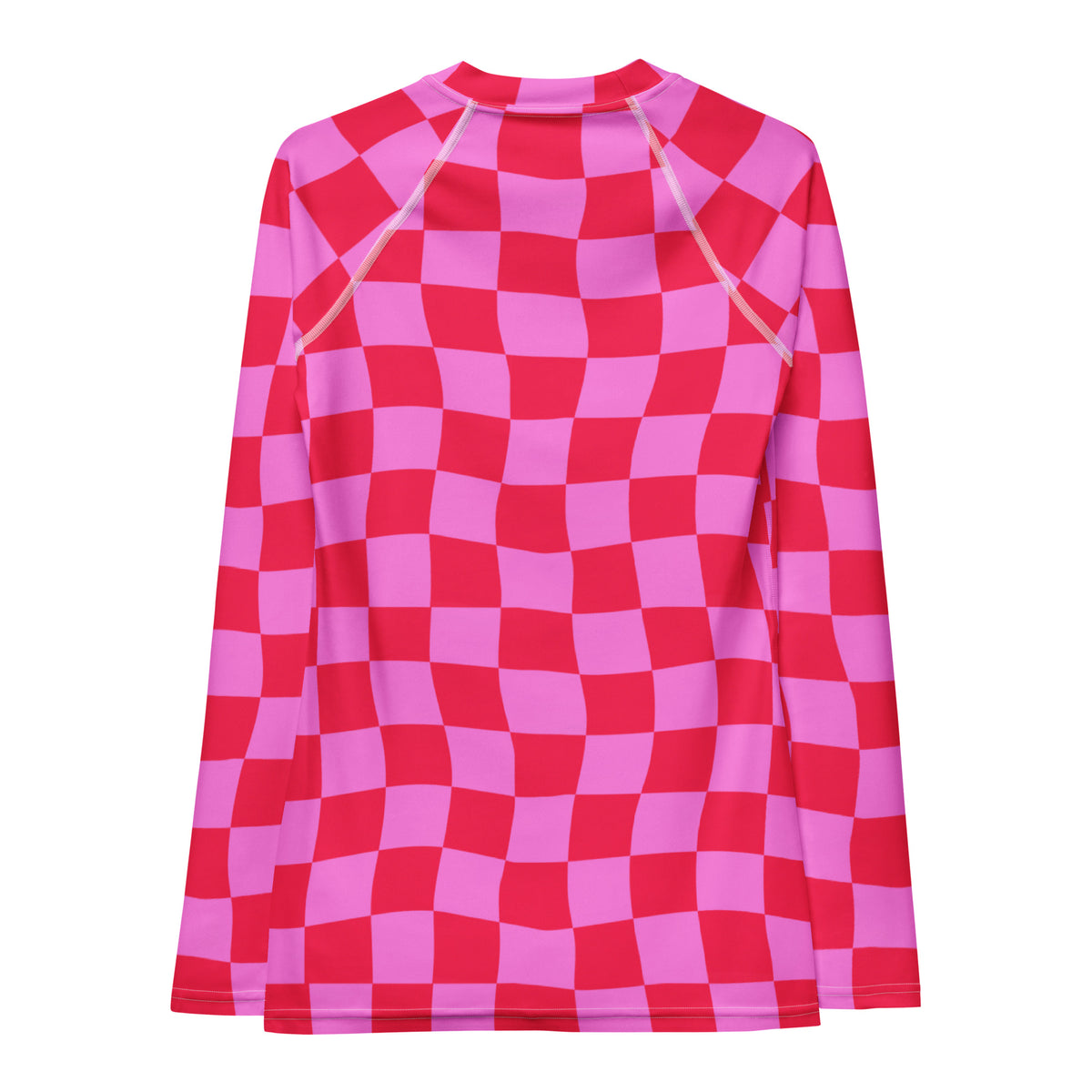 Women's Neon Wavy Pink Checkerboard Long Sleeve Rash Guard Swim Shirt – Buttery Soft, Sun Safe UPF 50+ Protection, Quick Dry & 4-Way Stretch Comfort