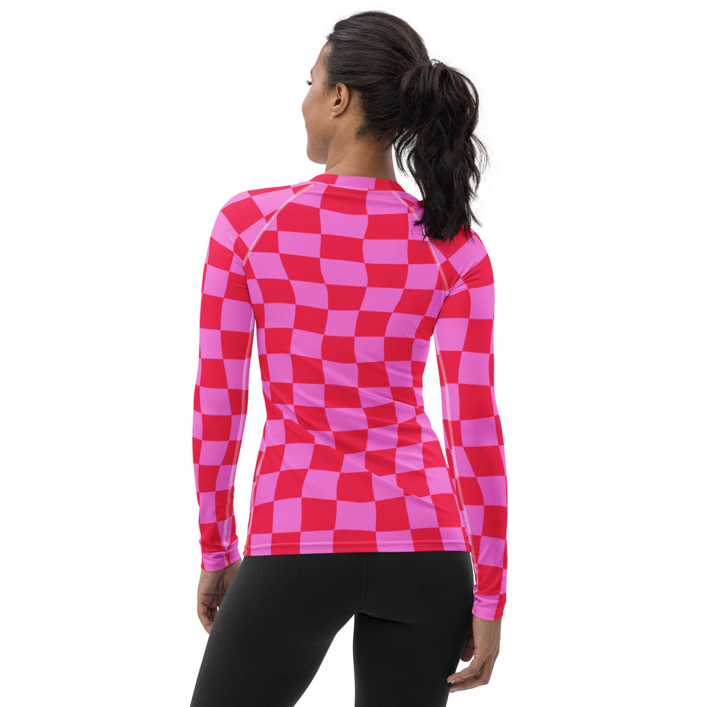 Women's Neon Wavy Pink Checkerboard Long Sleeve Rash Guard Swim Shirt – Buttery Soft, Sun Safe UPF 50+ Protection, Quick Dry & 4-Way Stretch Comfort