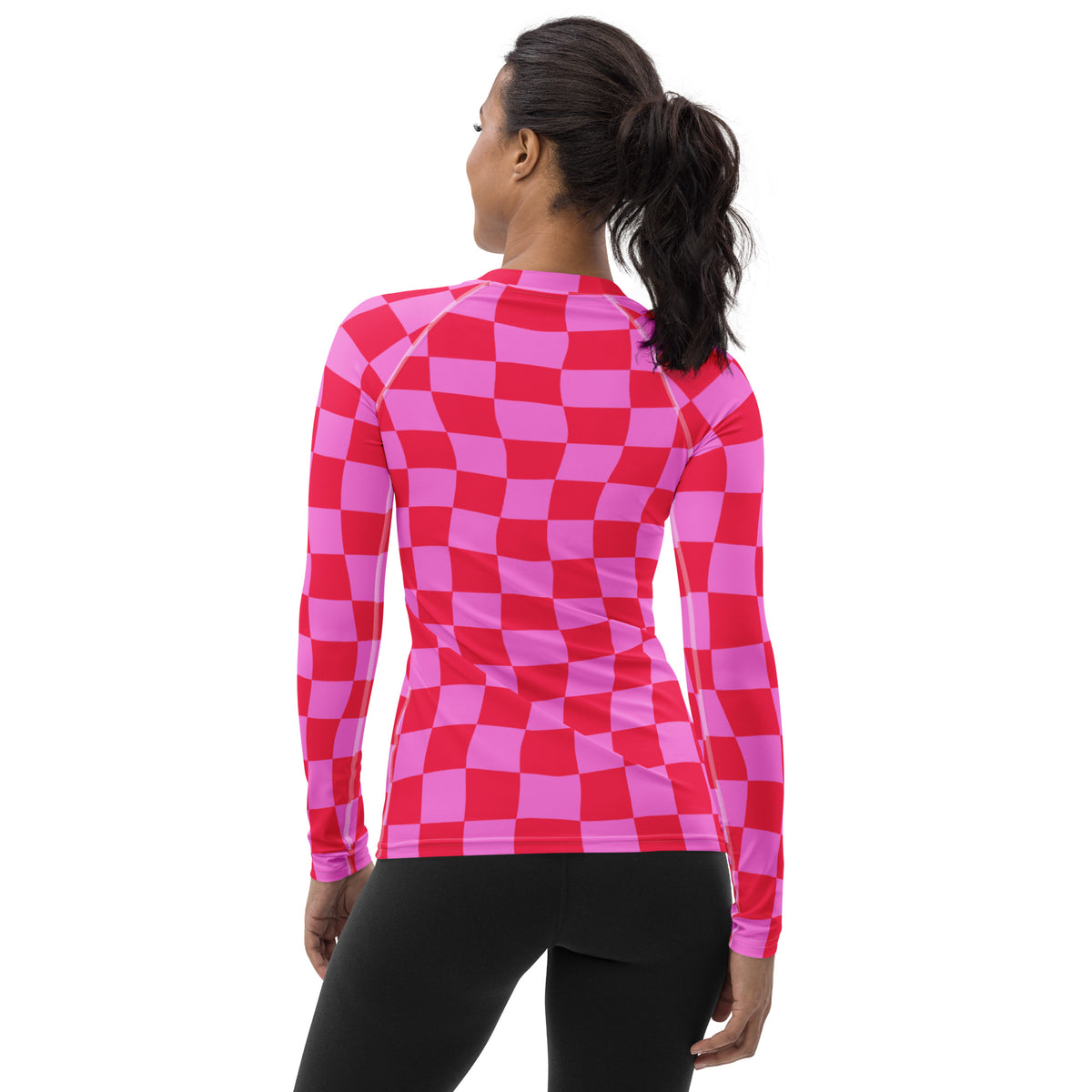 Women's Neon Wavy Pink Checkerboard Long Sleeve Rash Guard Swim Shirt – Buttery Soft, Sun Safe UPF 50+ Protection, Quick Dry & 4-Way Stretch Comfort