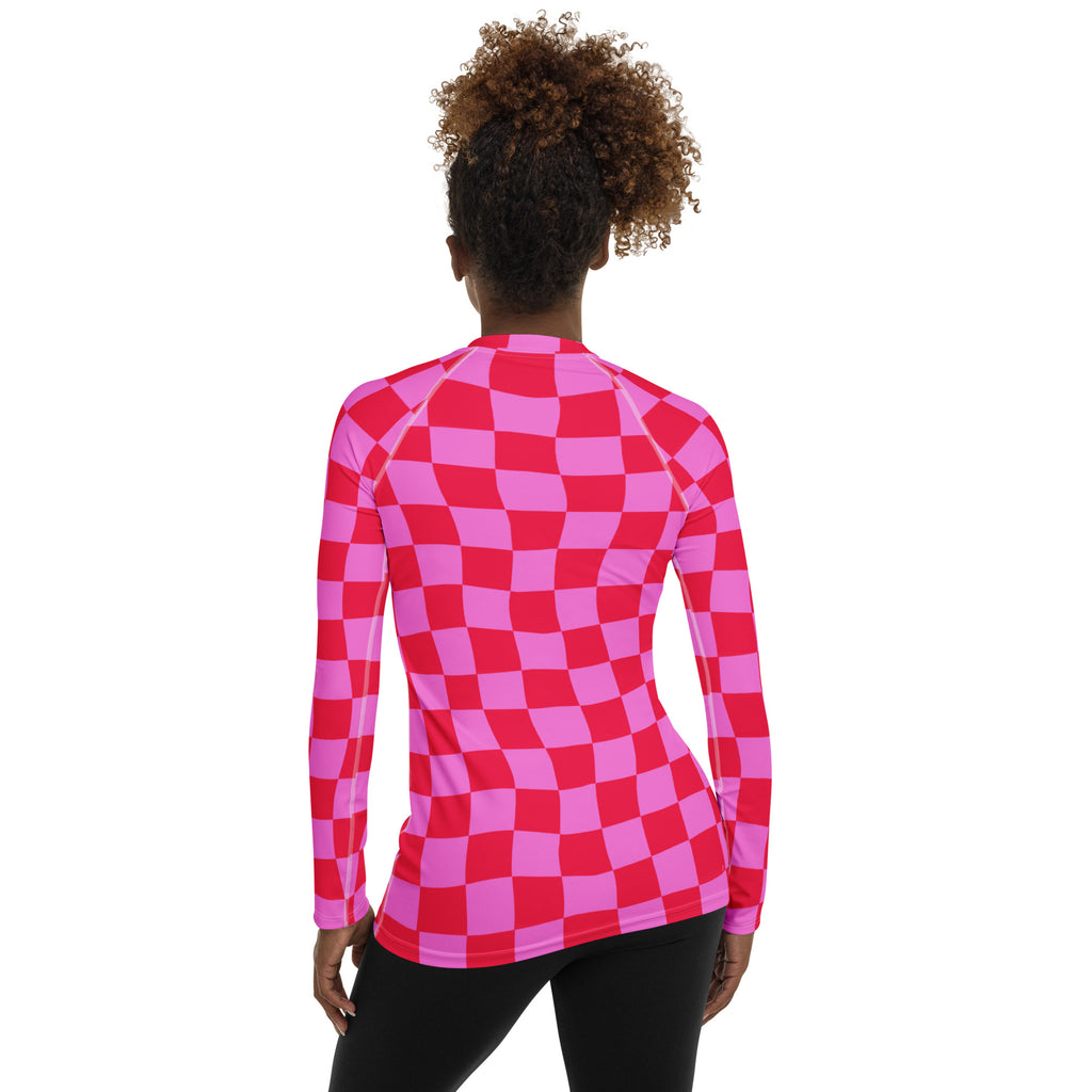 Women's Neon Wavy Pink Checkerboard Long Sleeve Rash Guard Swim Shirt – Buttery Soft, Sun Safe UPF 50+ Protection, Quick Dry & 4-Way Stretch Comfort