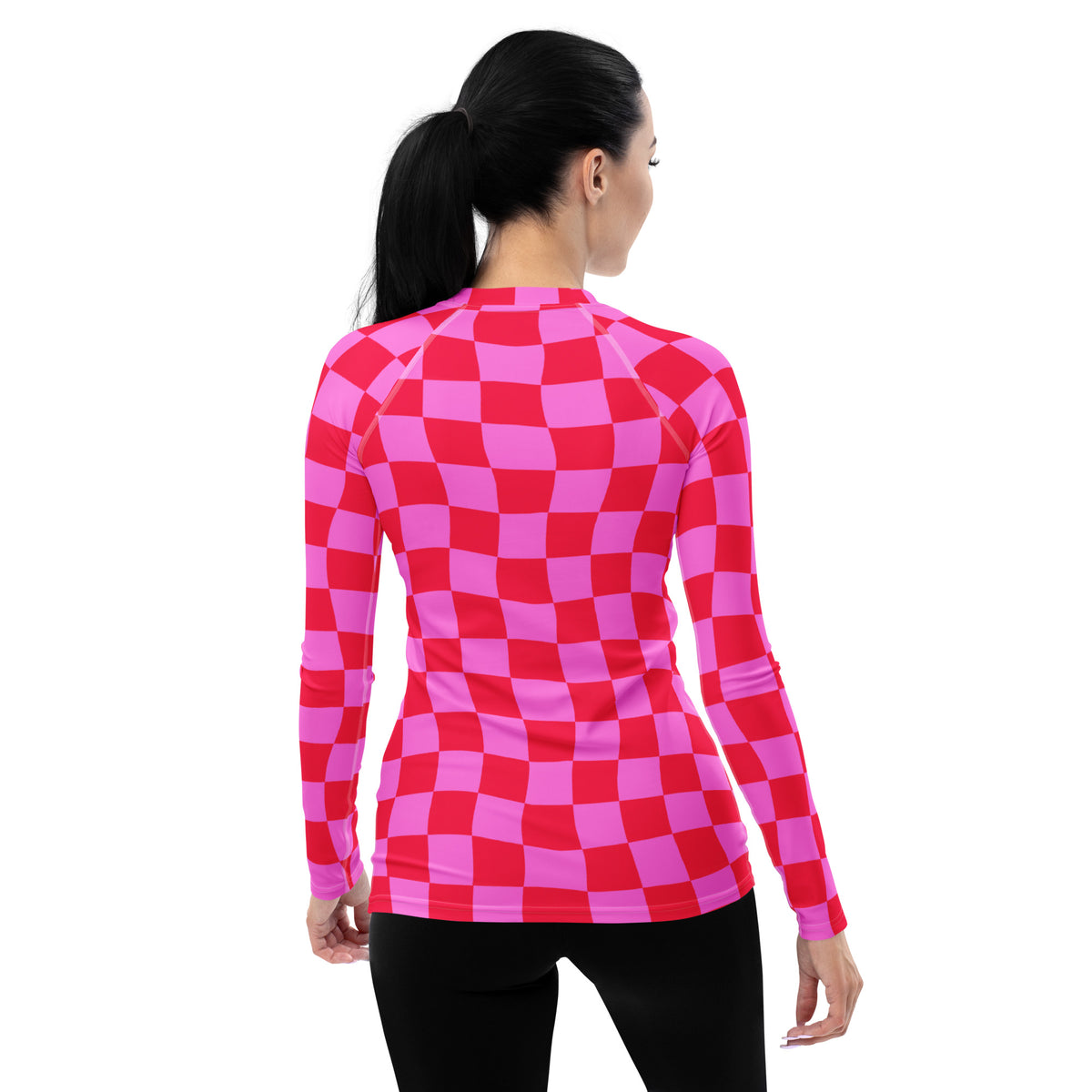 Women's Neon Wavy Pink Checkerboard Long Sleeve Rash Guard Swim Shirt – Buttery Soft, Sun Safe UPF 50+ Protection, Quick Dry & 4-Way Stretch Comfort