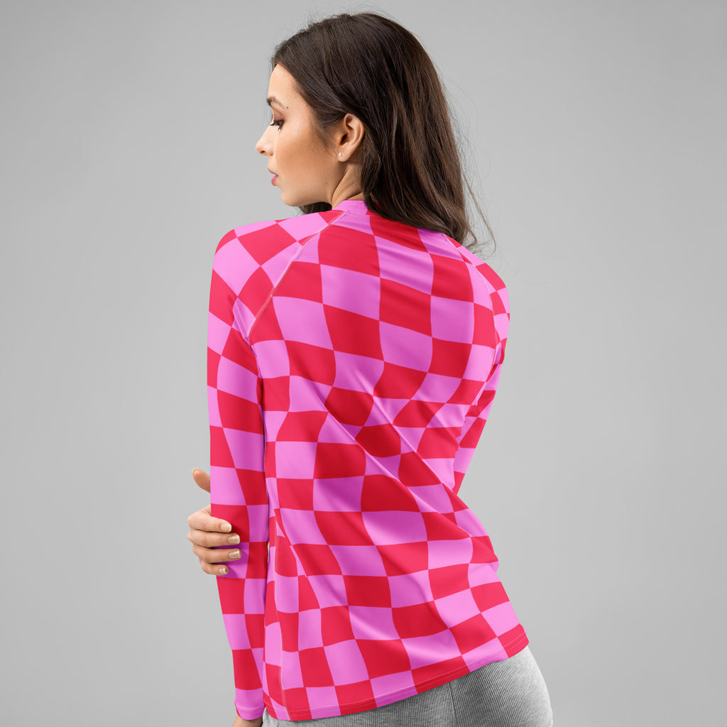 Women's Neon Wavy Pink Checkerboard Long Sleeve Rash Guard Swim Shirt – Buttery Soft, Sun Safe UPF 50+ Protection, Quick Dry & 4-Way Stretch Comfort