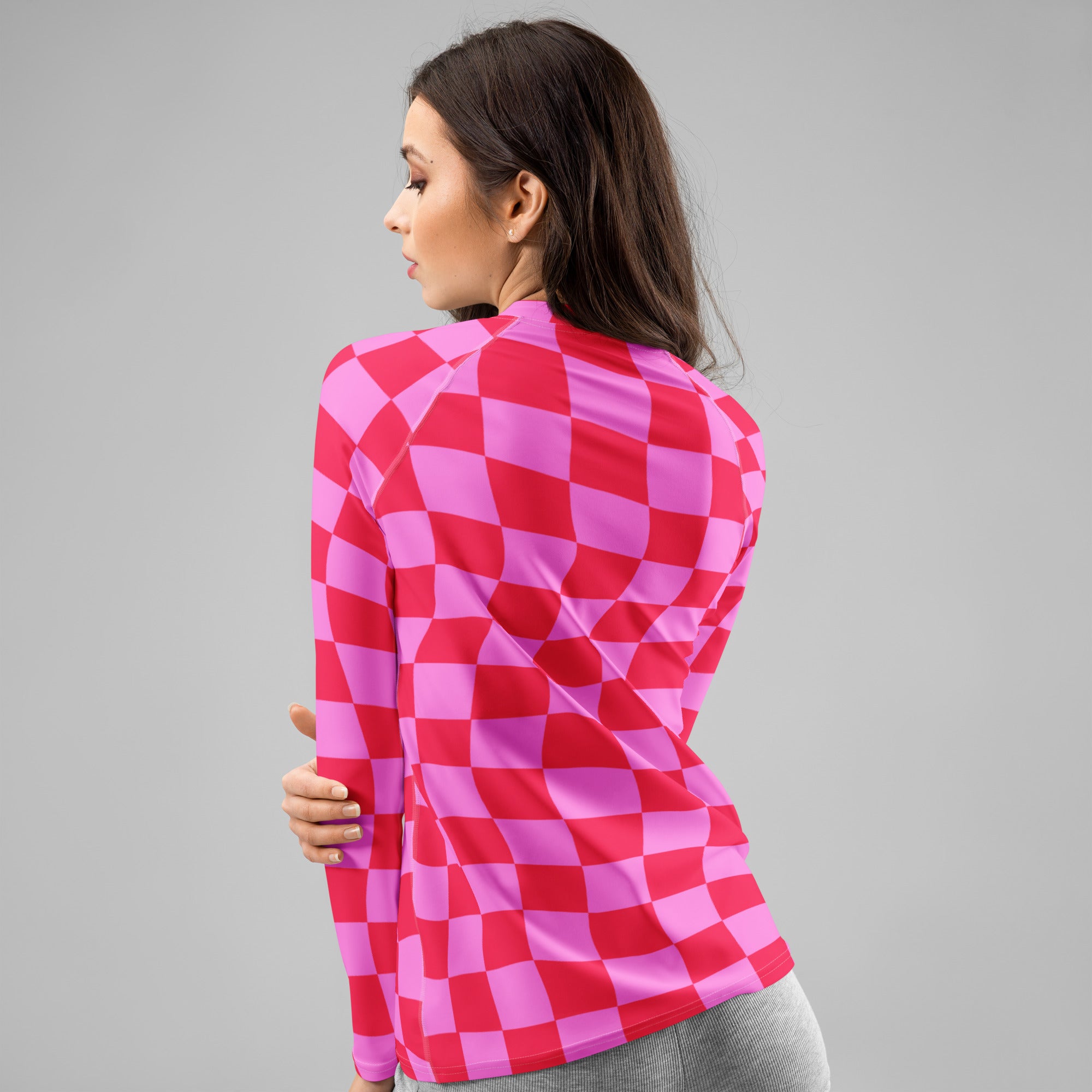 Women's Neon Wavy Pink Checkerboard Long Sleeve Rash Guard Swim Shirt – Buttery Soft, Sun Safe UPF 50+ Protection, Quick Dry & 4-Way Stretch Comfort