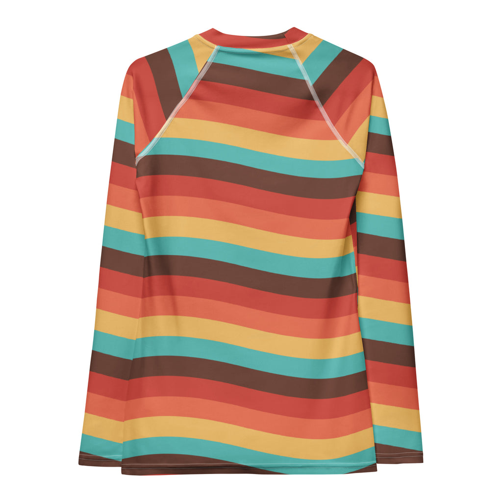Women's Teal Orange Brown & Yellow Wavy Stripe Long Sleeve Rash Guard Swim Shirt – Buttery Soft, Sun Safe UPF 50+ Protection, Quick Dry & 4-Way Stretch Comfort