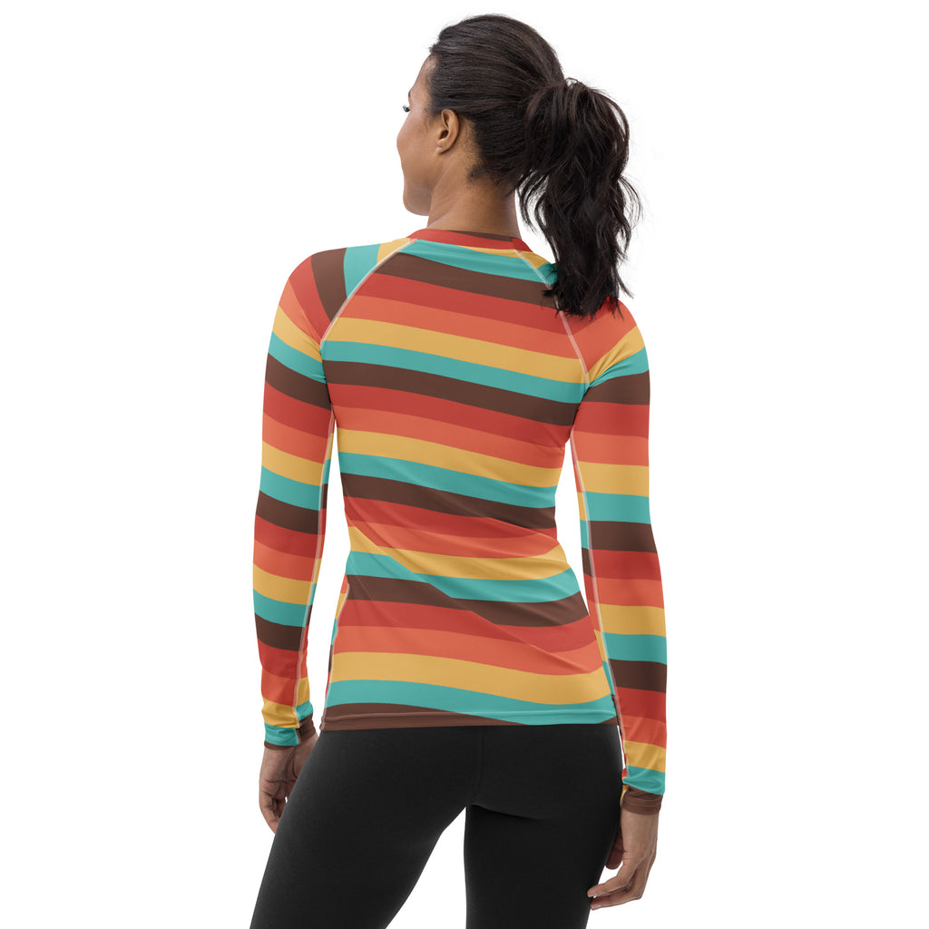 Women's Teal Orange Brown & Yellow Wavy Stripe Long Sleeve Rash Guard Swim Shirt – Buttery Soft, Sun Safe UPF 50+ Protection, Quick Dry & 4-Way Stretch Comfort