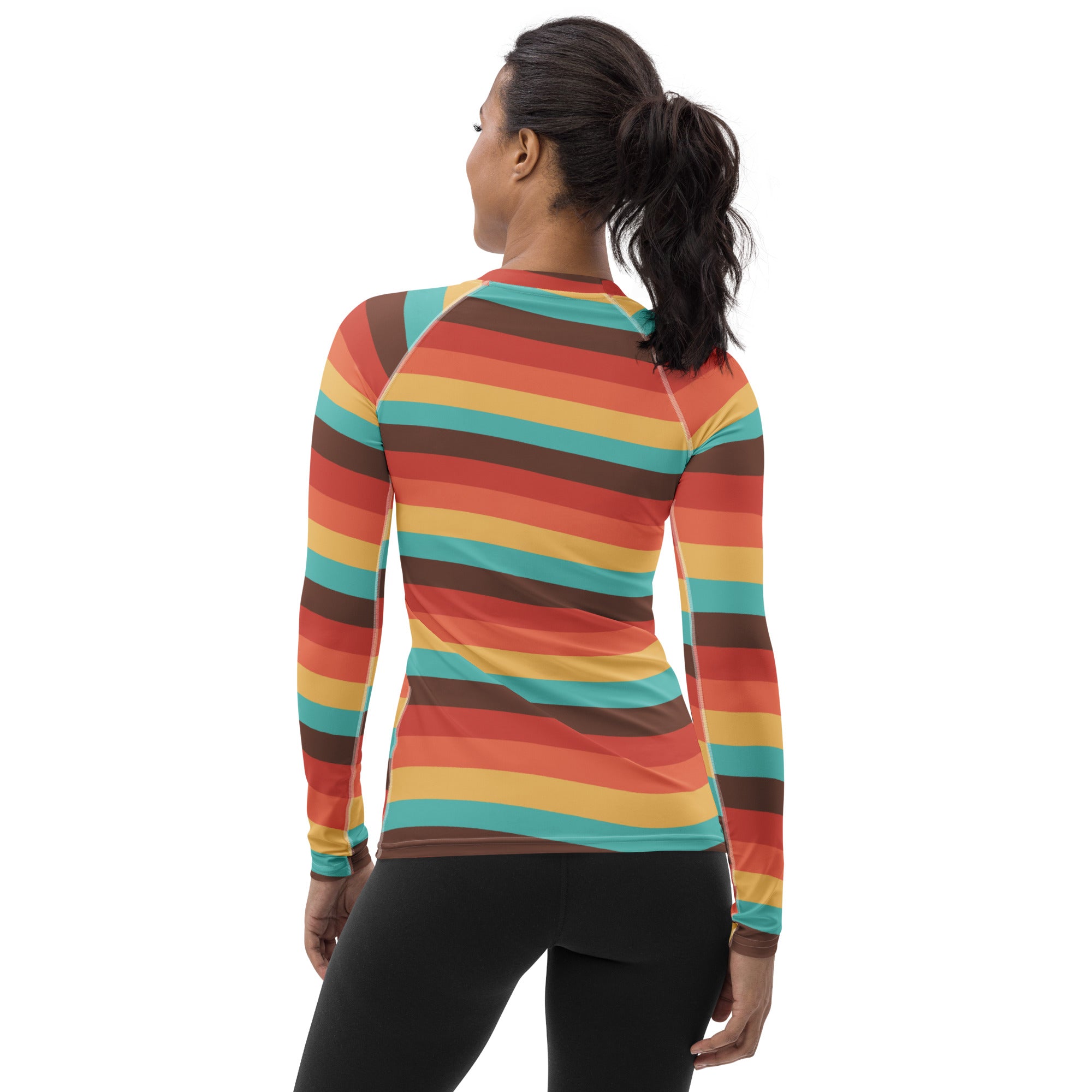 Women's Teal Orange Brown & Yellow Wavy Stripe Long Sleeve Rash Guard Swim Shirt – Buttery Soft, Sun Safe UPF 50+ Protection, Quick Dry & 4-Way Stretch Comfort
