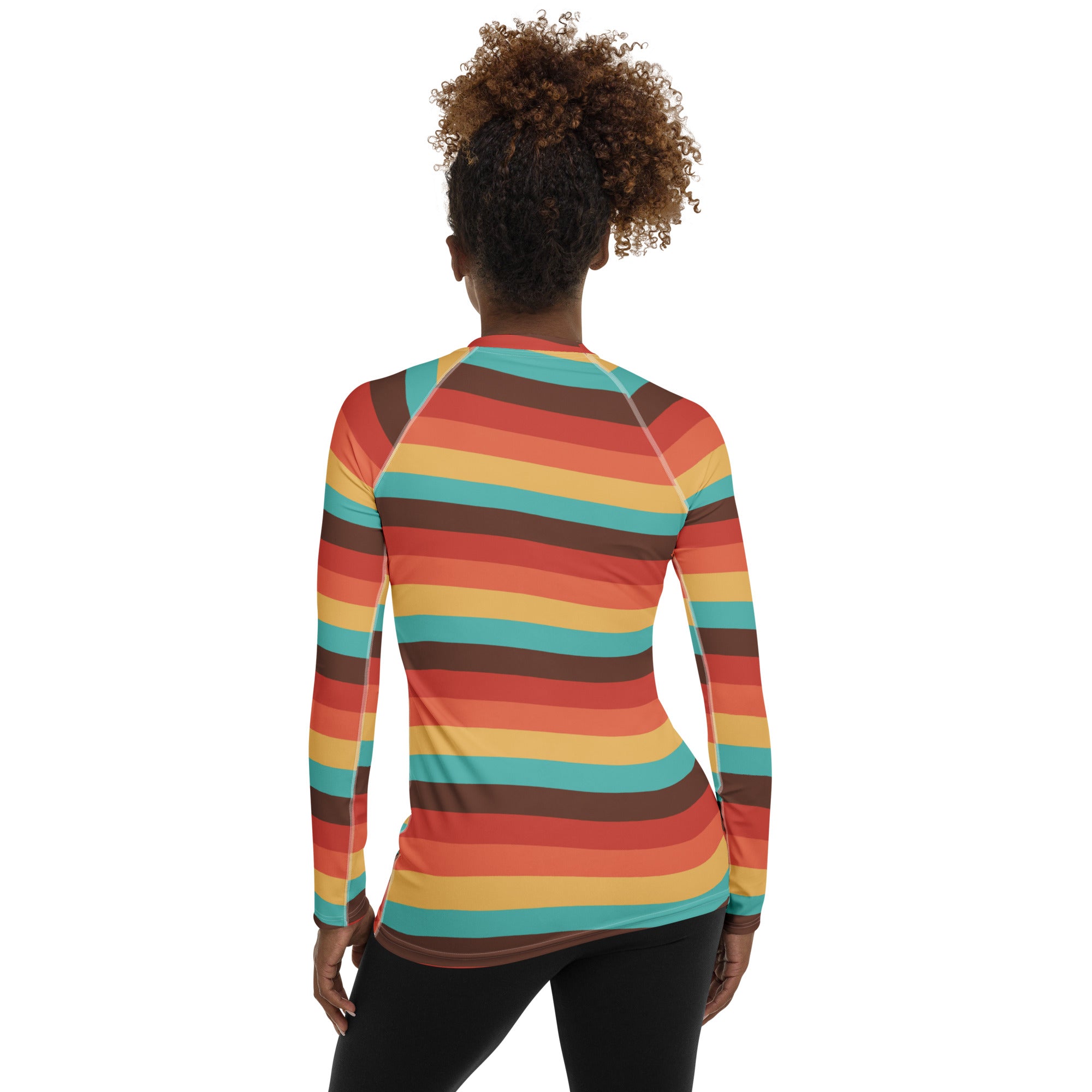 Women's Teal Orange Brown & Yellow Wavy Stripe Long Sleeve Rash Guard Swim Shirt – Buttery Soft, Sun Safe UPF 50+ Protection, Quick Dry & 4-Way Stretch Comfort
