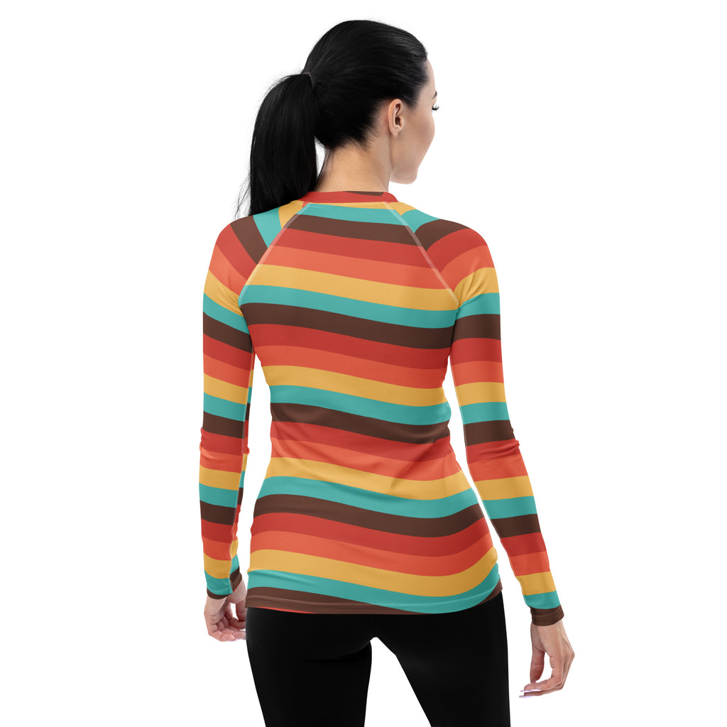 Women's Teal Orange Brown & Yellow Wavy Stripe Long Sleeve Rash Guard Swim Shirt – Buttery Soft, Sun Safe UPF 50+ Protection, Quick Dry & 4-Way Stretch Comfort