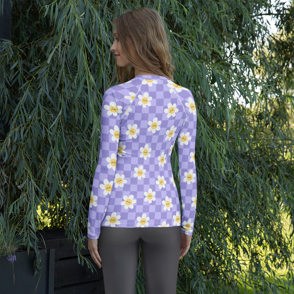 Women's Purple Checkerboard Daisy Long Sleeve Rash Guard Swim Shirt – Buttery Soft, Sun Safe UPF 50+ Protection, Quick Dry & 4-Way Stretch Comfort