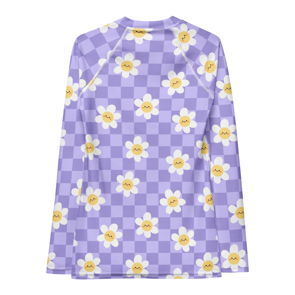 Women's Purple Checkerboard Daisy Long Sleeve Rash Guard Swim Shirt – Buttery Soft, Sun Safe UPF 50+ Protection, Quick Dry & 4-Way Stretch Comfort