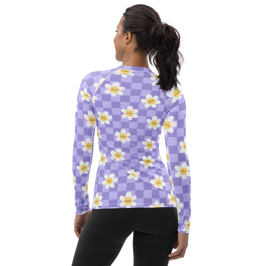 Women's Purple Checkerboard Daisy Long Sleeve Rash Guard Swim Shirt – Buttery Soft, Sun Safe UPF 50+ Protection, Quick Dry & 4-Way Stretch Comfort