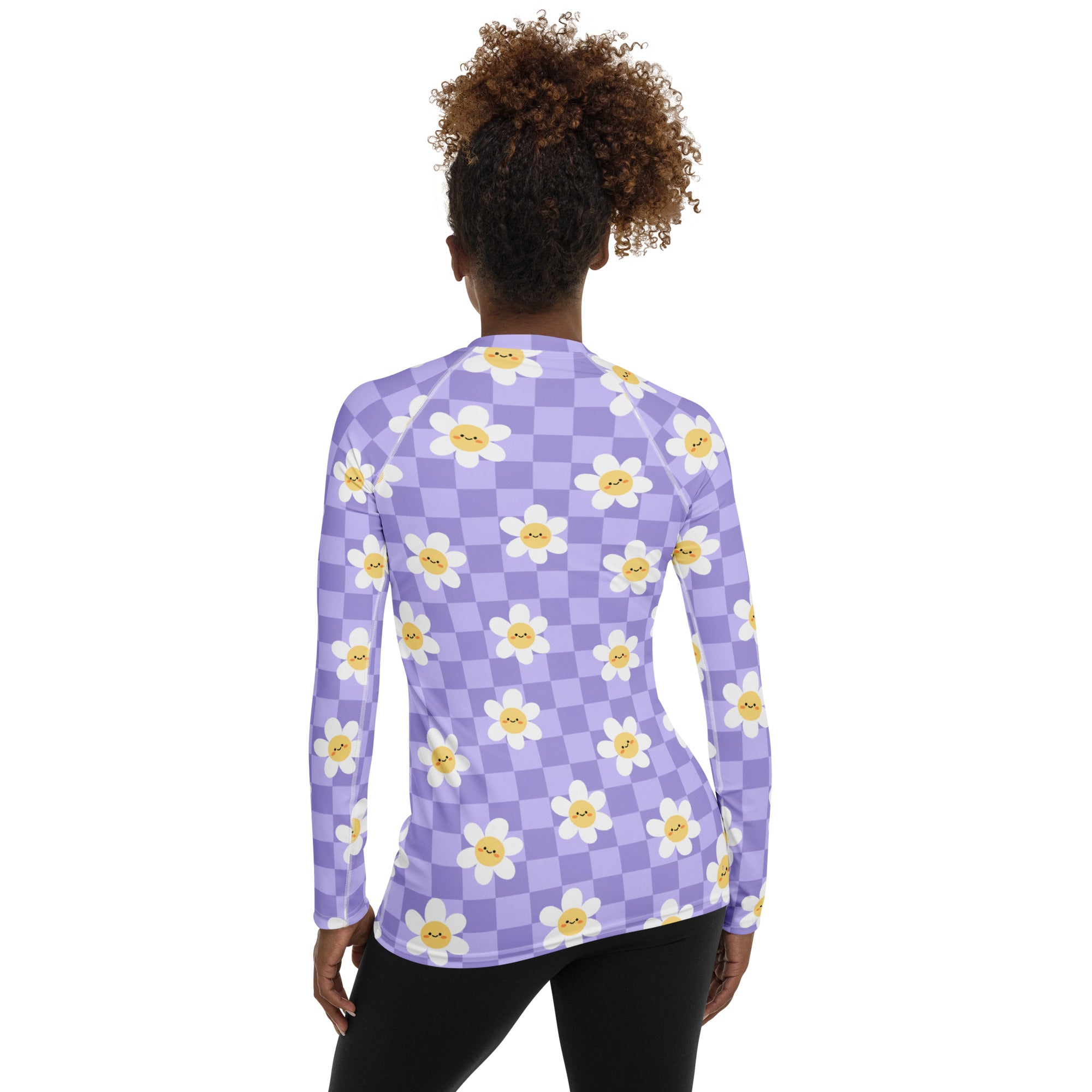Women's Purple Checkerboard Daisy Long Sleeve Rash Guard Swim Shirt – Buttery Soft, Sun Safe UPF 50+ Protection, Quick Dry & 4-Way Stretch Comfort