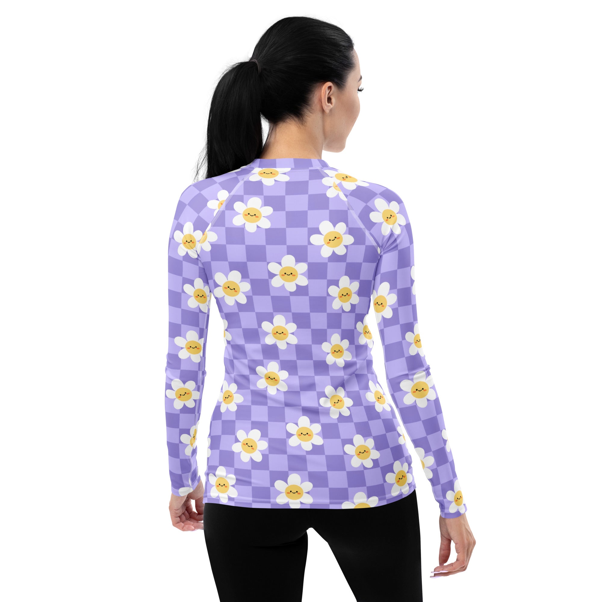 Women's Purple Checkerboard Daisy Long Sleeve Rash Guard Swim Shirt – Buttery Soft, Sun Safe UPF 50+ Protection, Quick Dry & 4-Way Stretch Comfort