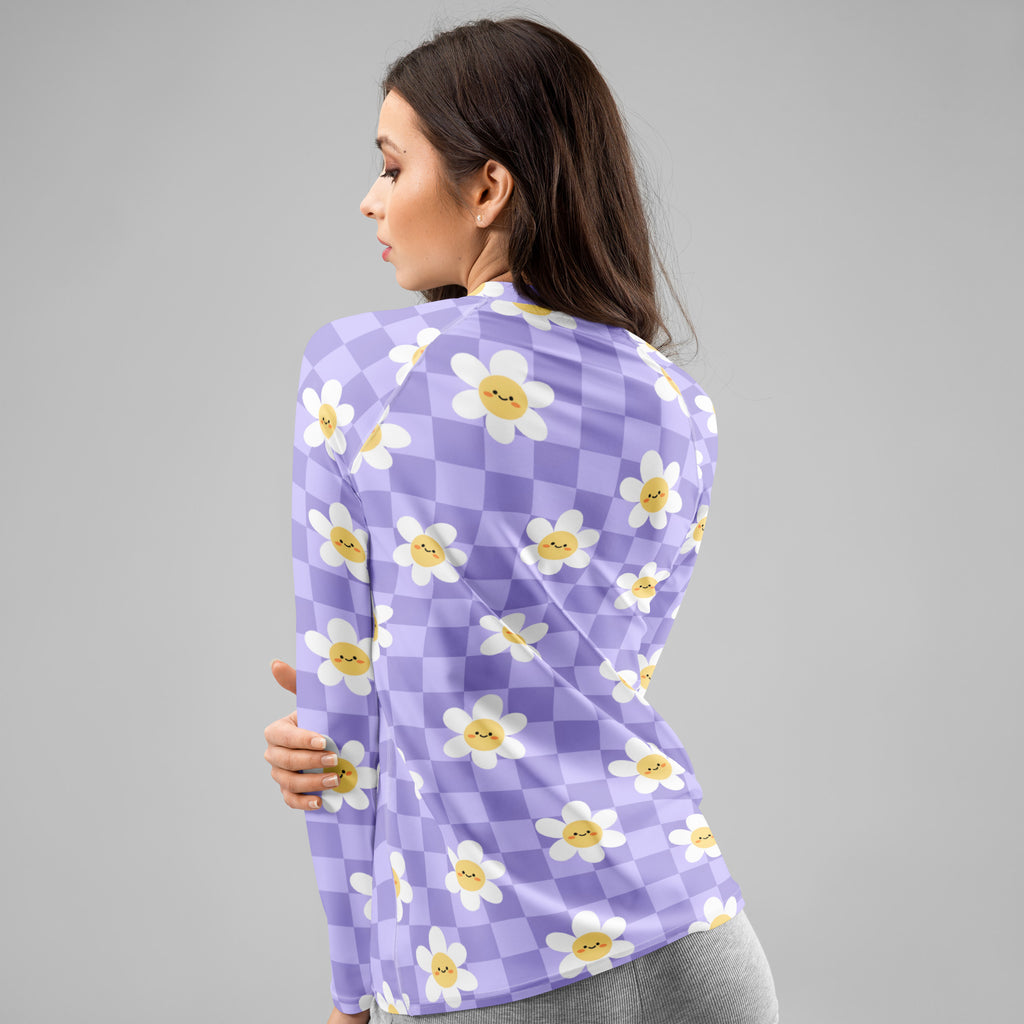 Women's Purple Checkerboard Daisy Long Sleeve Rash Guard Swim Shirt – Buttery Soft, Sun Safe UPF 50+ Protection, Quick Dry & 4-Way Stretch Comfort