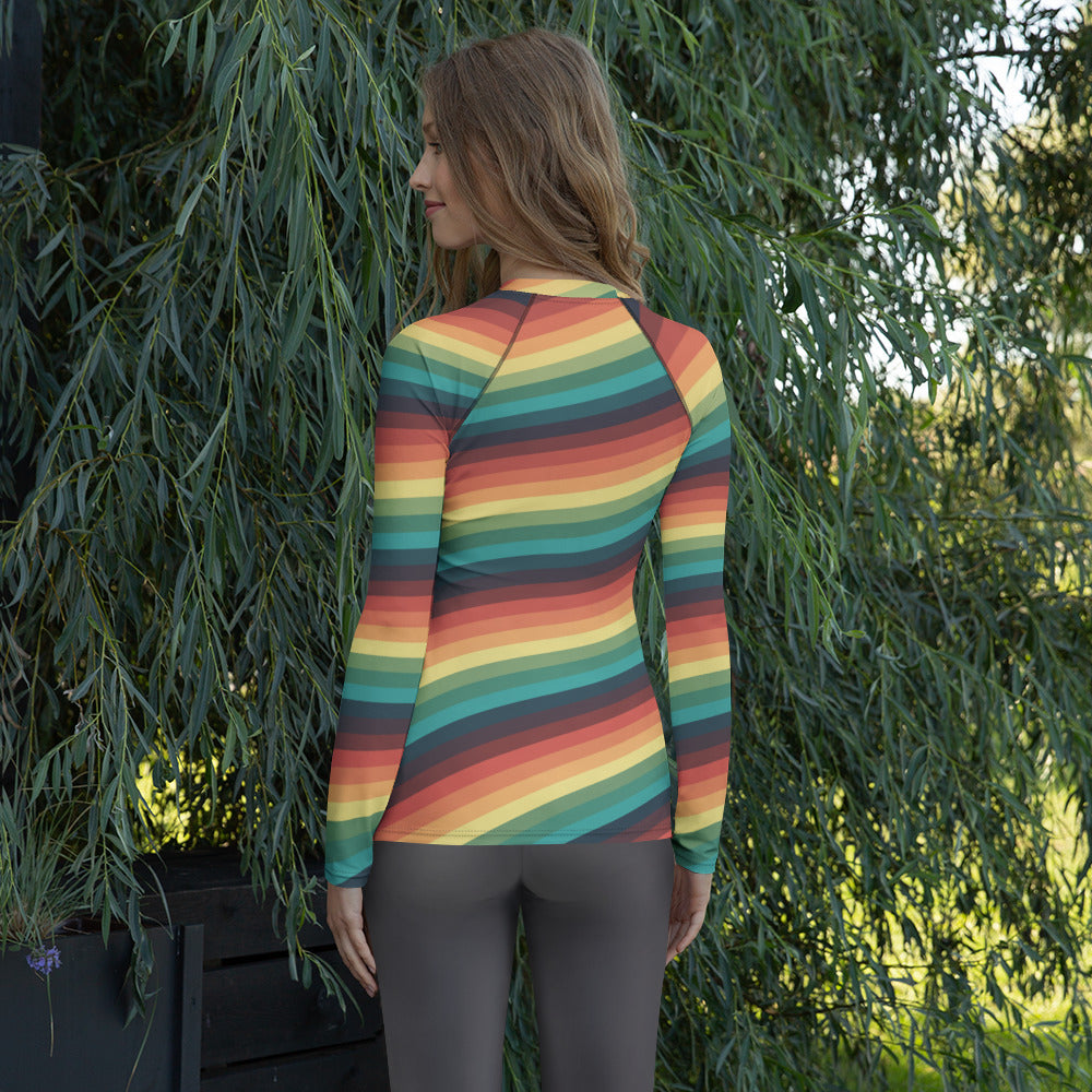 Women's Vintage Rainbow Stripe Long Sleeve Rash Guard Swim Shirt – Buttery Soft, Sun Safe UPF 50+ Protection, Quick Dry & 4-Way Stretch Comfort