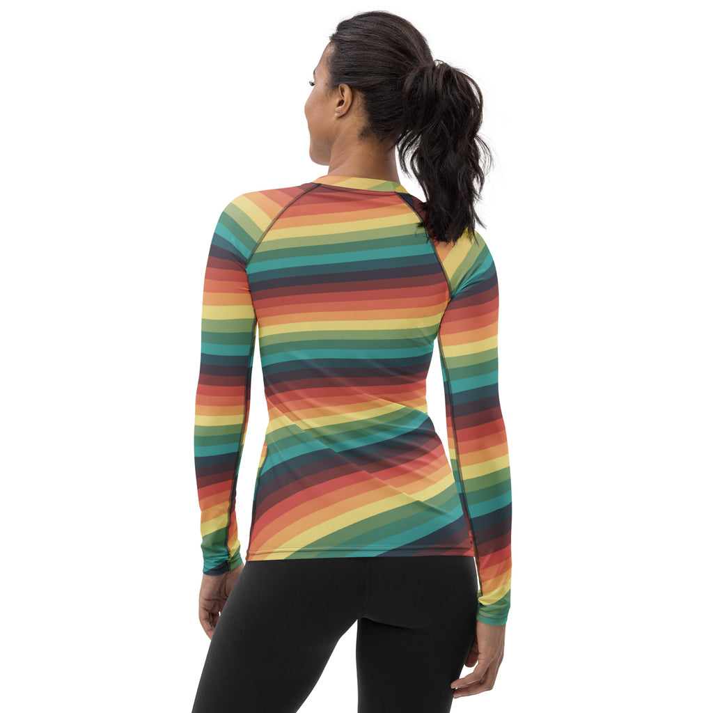 Women's Vintage Rainbow Stripe Long Sleeve Rash Guard Swim Shirt – Buttery Soft, Sun Safe UPF 50+ Protection, Quick Dry & 4-Way Stretch Comfort