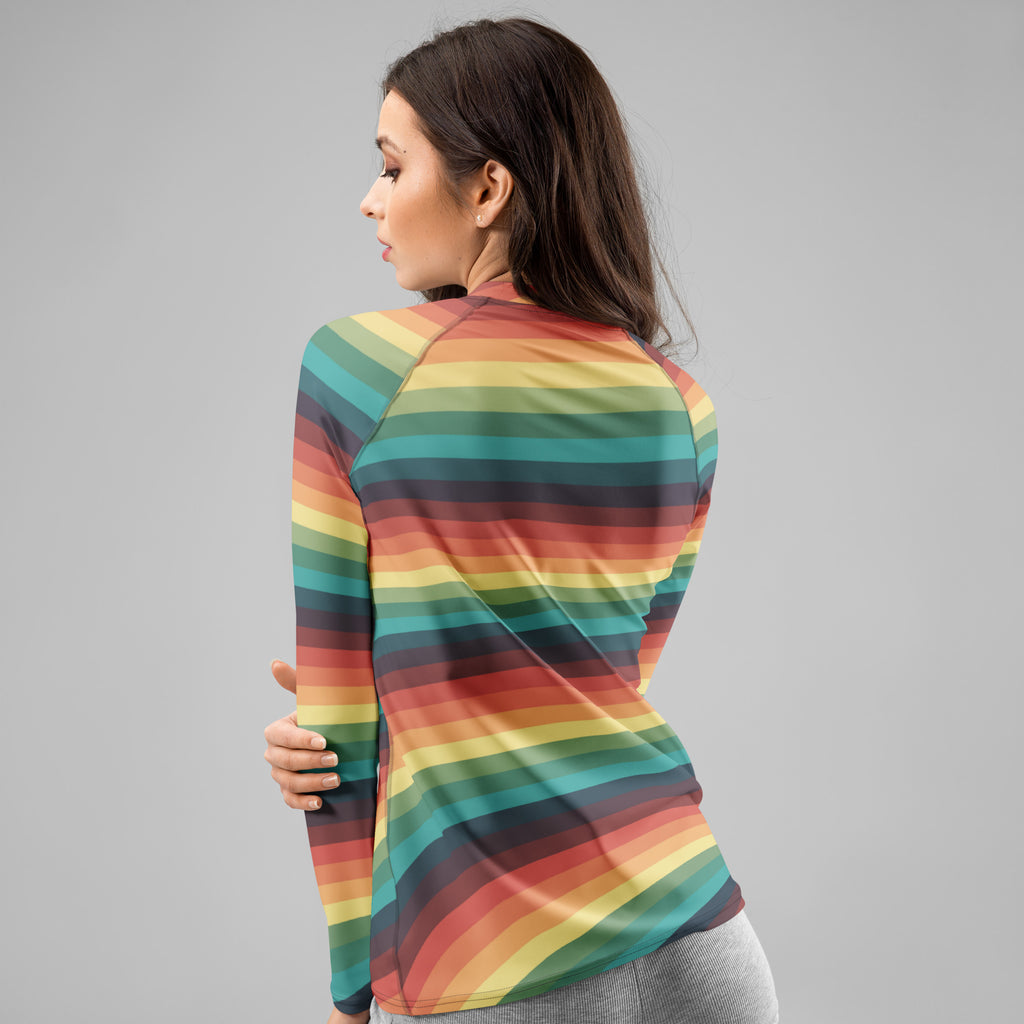 Women's Vintage Rainbow Stripe Long Sleeve Rash Guard Swim Shirt – Buttery Soft, Sun Safe UPF 50+ Protection, Quick Dry & 4-Way Stretch Comfort