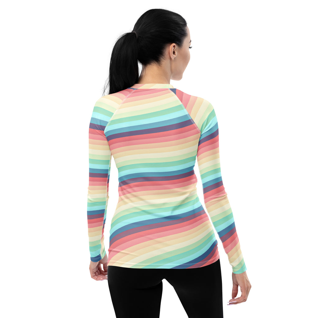 Women's Bright Rainbow Vintage Stripe Long Sleeve Rash Guard Swim Shirt – Buttery Soft, Sun Safe UPF 50+ Protection, Quick Dry & 4-Way Stretch Comfort