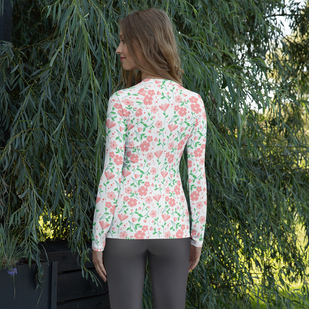 Women's Pink Dainty Flower Long Sleeve Rash Guard Swim Shirt – Buttery Soft, Sun Safe UPF 50+ Protection, Quick Dry & 4-Way Stretch Comfort