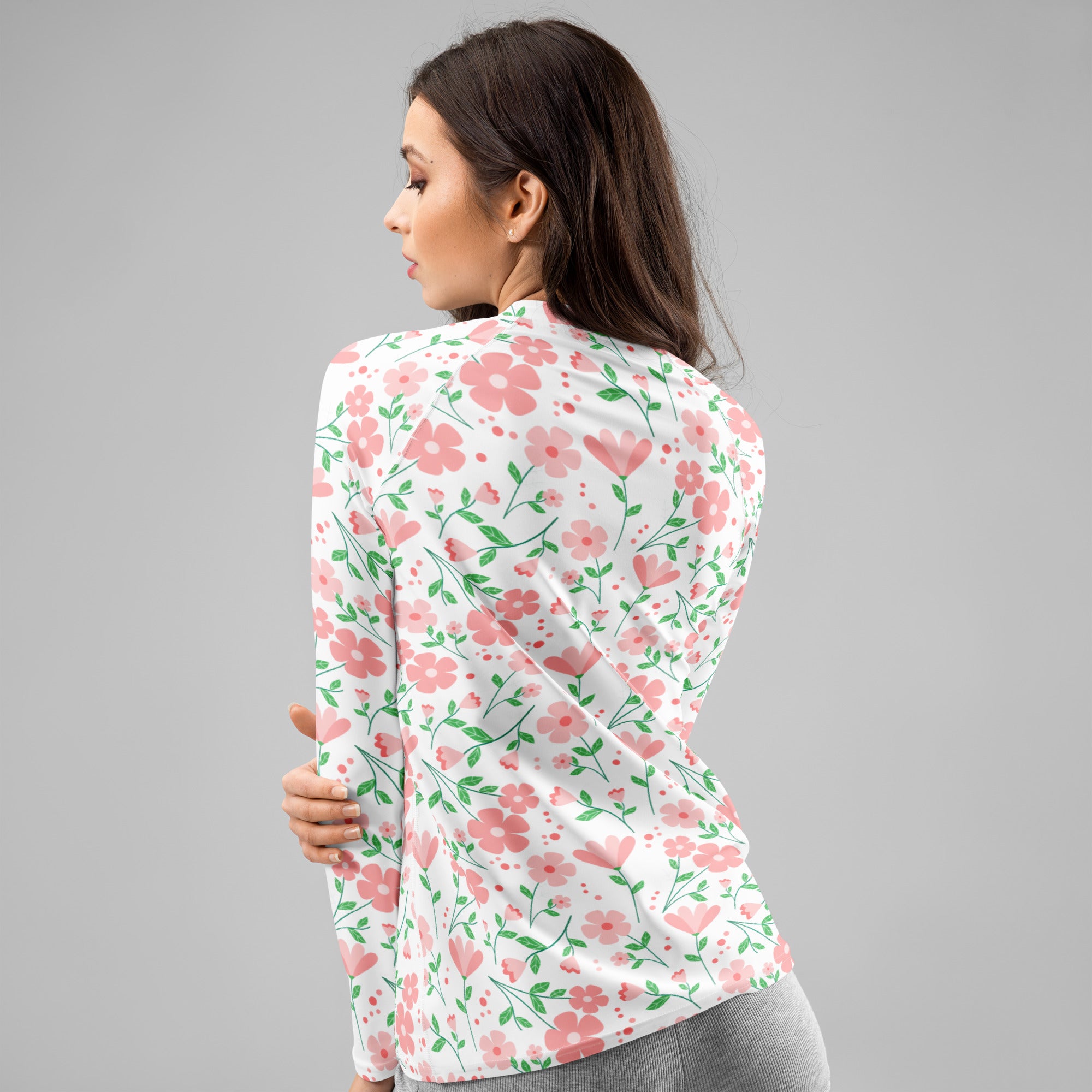 Women's Pink Dainty Flower Long Sleeve Rash Guard Swim Shirt – Buttery Soft, Sun Safe UPF 50+ Protection, Quick Dry & 4-Way Stretch Comfort