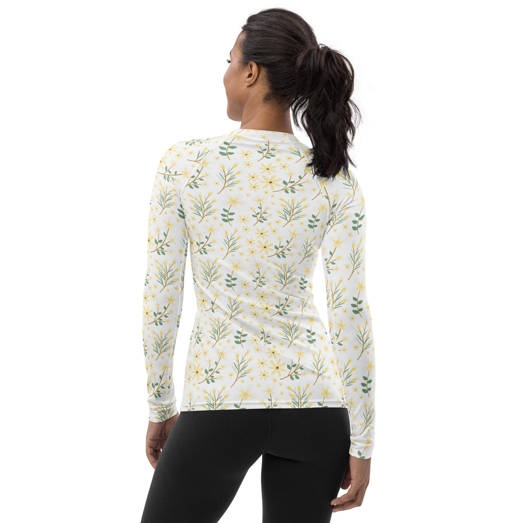 Women's Yellow Wildflower Long Sleeve Rash Guard Swim Shirt – Buttery Soft, Sun Safe UPF 50+ Protection, Quick Dry & 4-Way Stretch Comfort