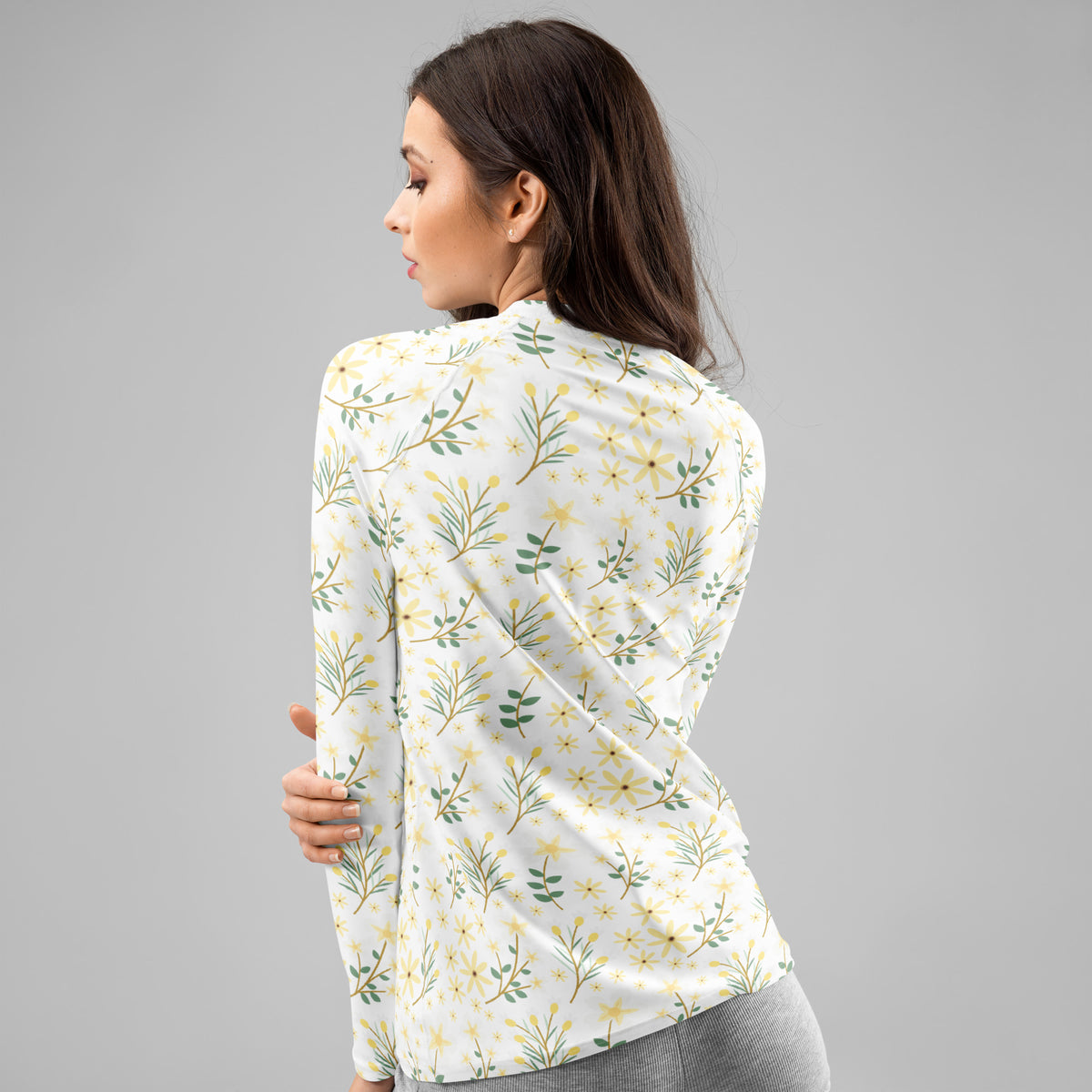 Women's Yellow Wildflower Long Sleeve Rash Guard Swim Shirt – Buttery Soft, Sun Safe UPF 50+ Protection, Quick Dry & 4-Way Stretch Comfort