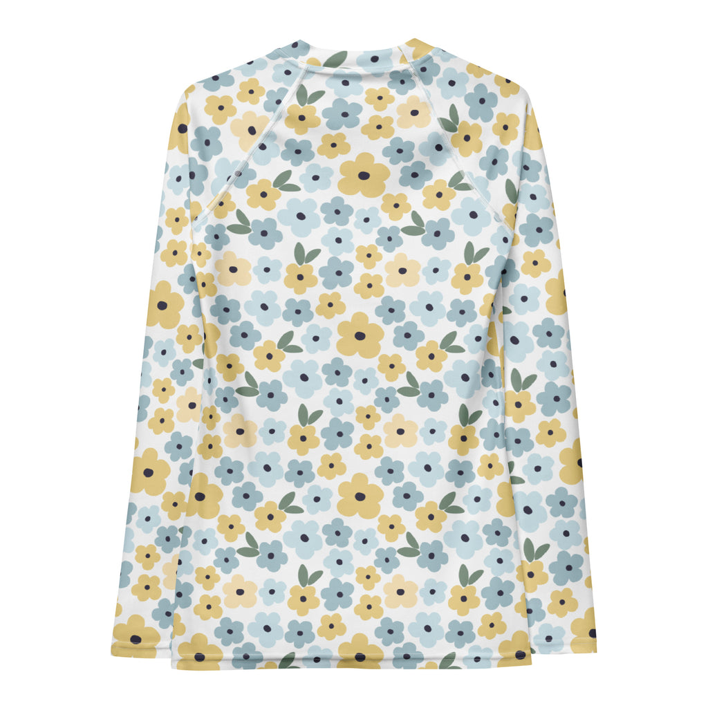 Women's Blue & Yellow Floral Long Sleeve Rash Guard Swim Shirt – Buttery Soft, Sun Safe UPF 50+ Protection, Quick Dry & 4-Way Stretch Comfort