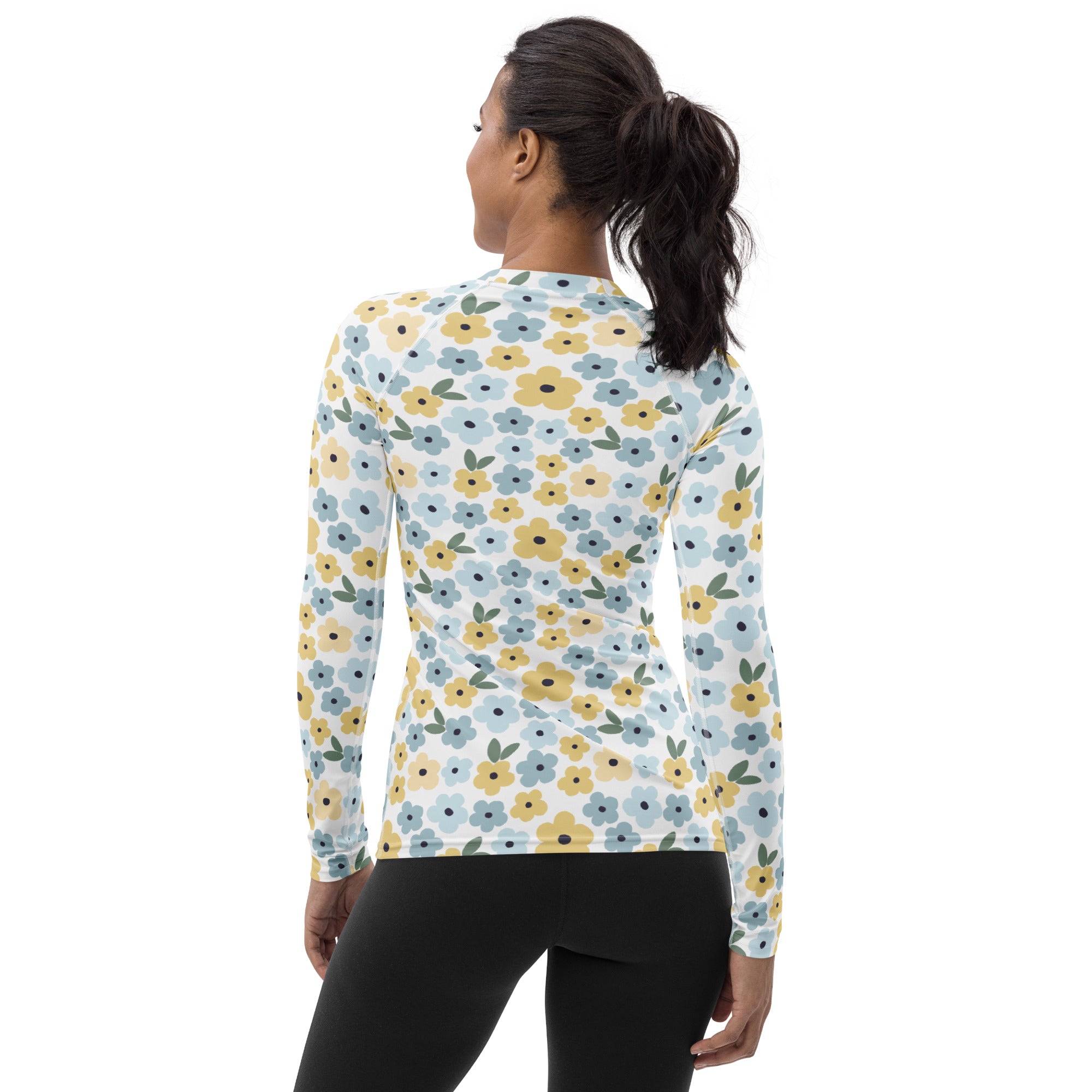 Women's Blue & Yellow Floral Long Sleeve Rash Guard Swim Shirt – Buttery Soft, Sun Safe UPF 50+ Protection, Quick Dry & 4-Way Stretch Comfort