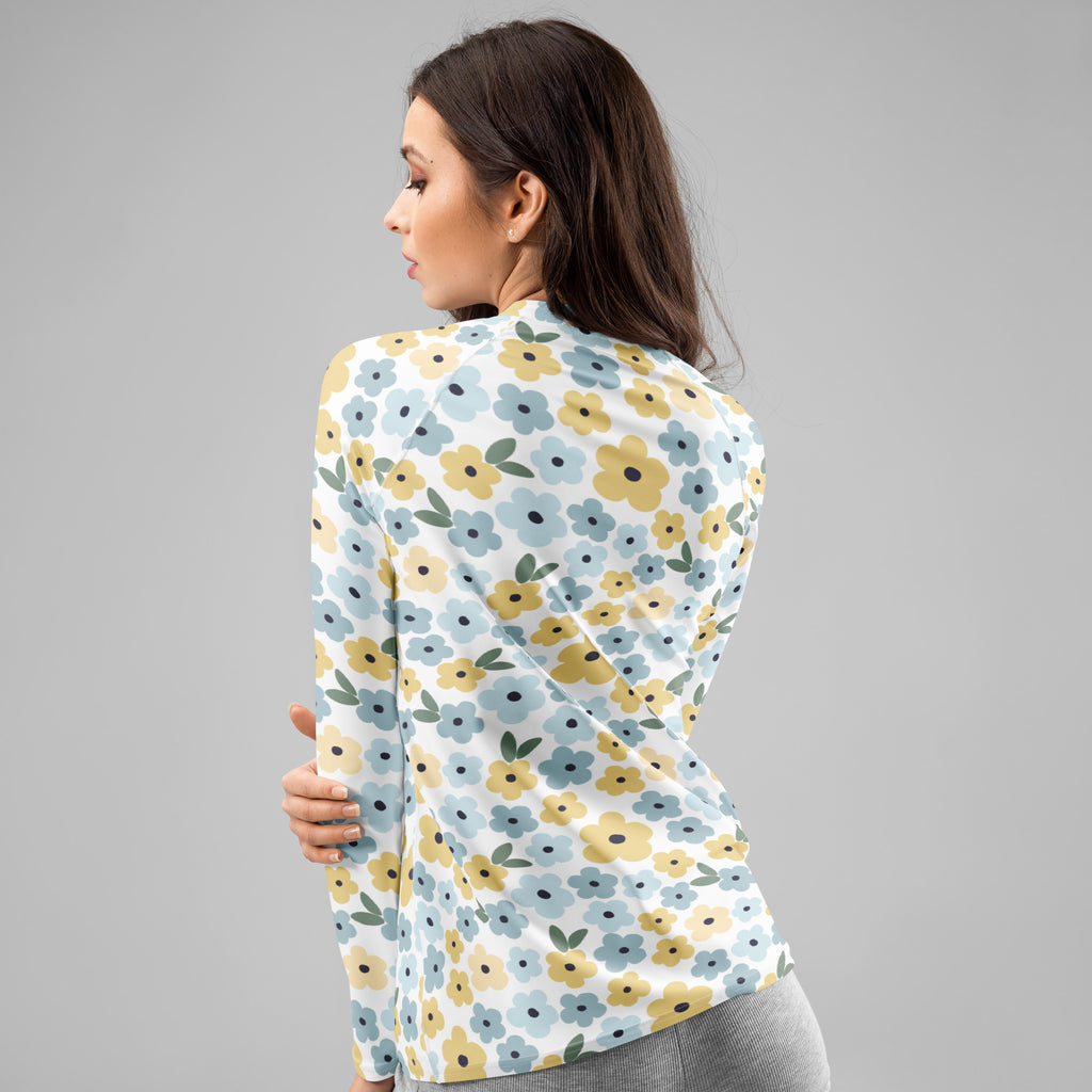 Women's Blue & Yellow Floral Long Sleeve Rash Guard Swim Shirt – Buttery Soft, Sun Safe UPF 50+ Protection, Quick Dry & 4-Way Stretch Comfort