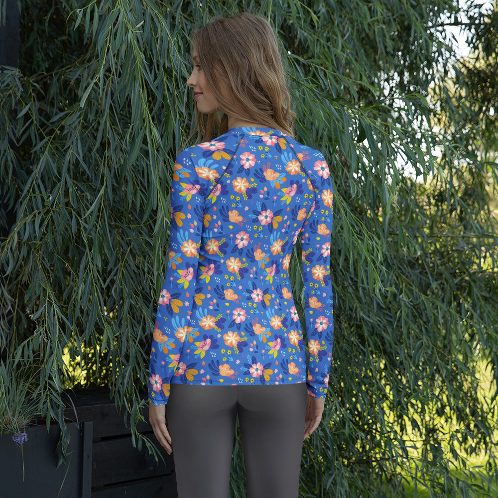 Women's Colorful Blue Floral Long Sleeve Rash Guard Swim Shirt – Buttery Soft, Sun Safe UPF 50+ Protection, Quick Dry & 4-Way Stretch Comfort