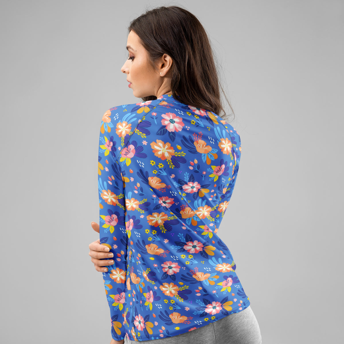 Women's Colorful Blue Floral Long Sleeve Rash Guard Swim Shirt – Buttery Soft, Sun Safe UPF 50+ Protection, Quick Dry & 4-Way Stretch Comfort