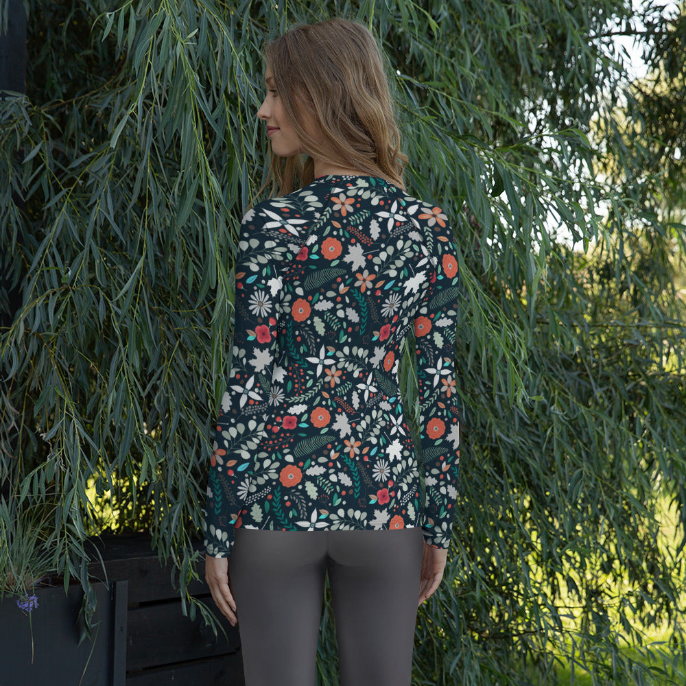 Women's Dark Green Botanical Long Sleeve Rash Guard Swim Shirt – Buttery Soft, Sun Safe UPF 50+ Protection, Quick Dry & 4-Way Stretch Comfort