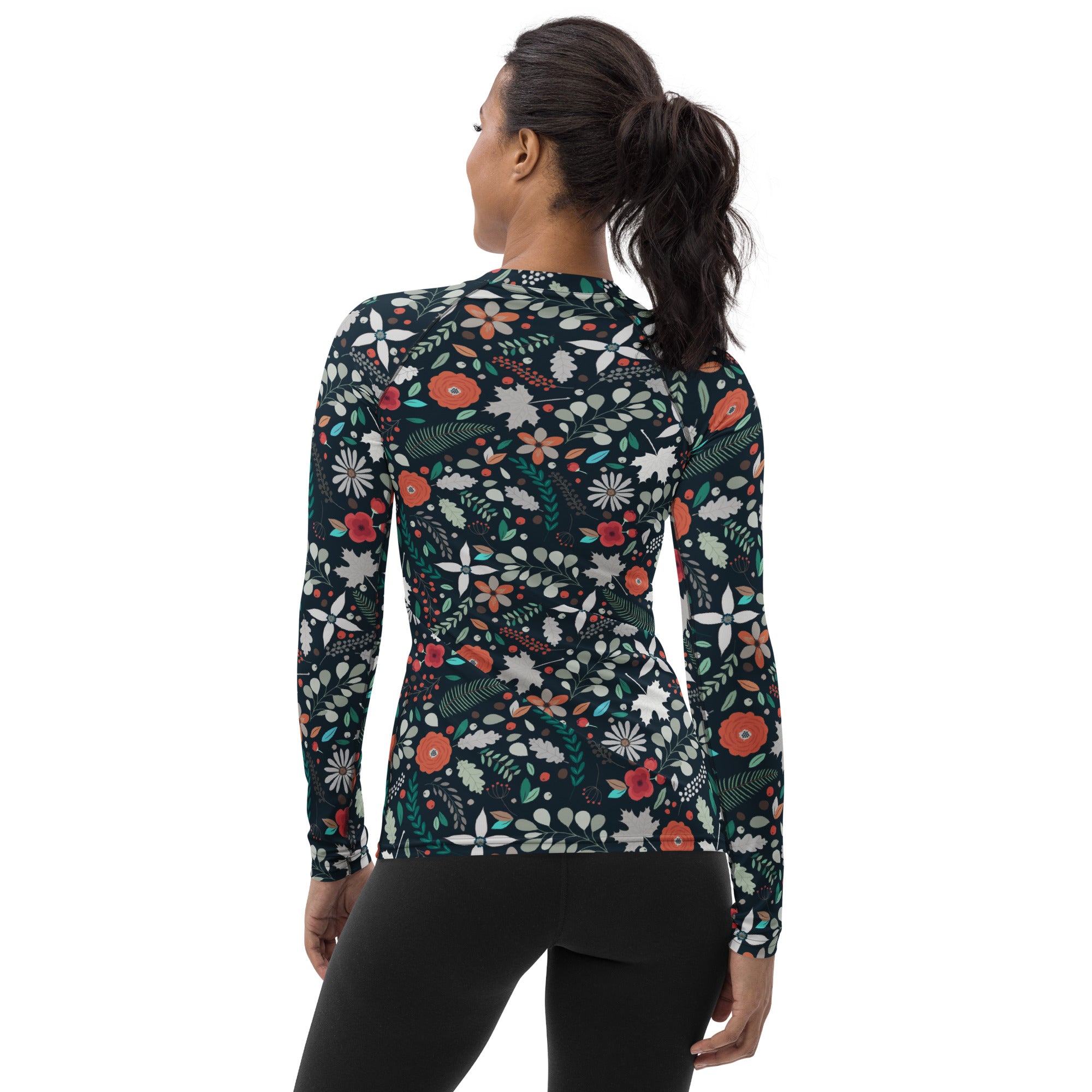 Women's Dark Green Botanical Long Sleeve Rash Guard Swim Shirt – Buttery Soft, Sun Safe UPF 50+ Protection, Quick Dry & 4-Way Stretch Comfort