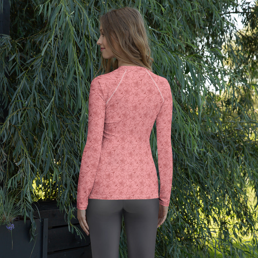 Women's Coral Pink Floral Long Sleeve Rash Guard Swim Shirt – Buttery Soft, Sun Safe UPF 50+ Protection, Quick Dry & 4-Way Stretch Comfort