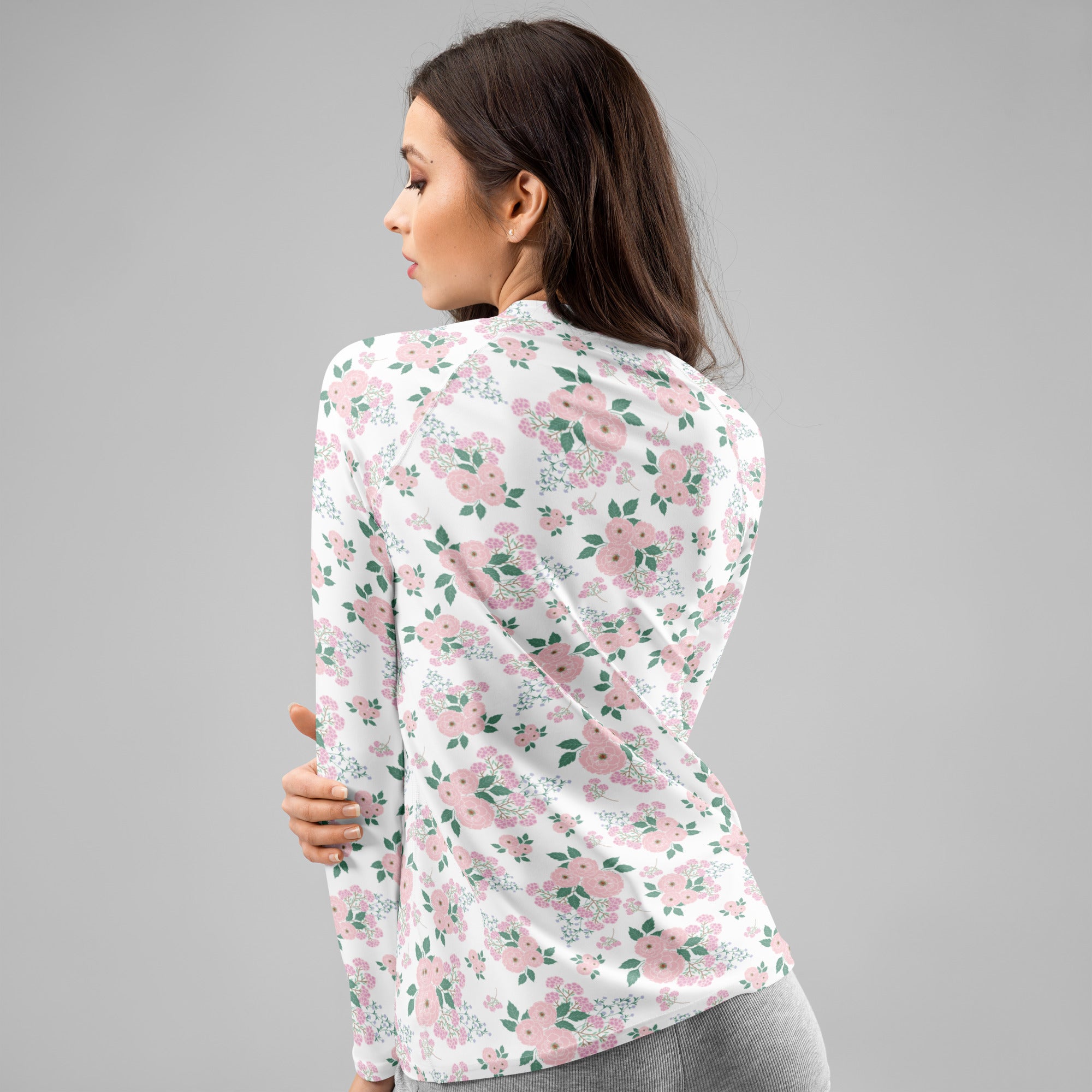 Women's Pink Rose Bouquet Long Sleeve Rash Guard Swim Shirt – Buttery Soft, Sun Safe UPF 50+ Protection, Quick Dry & 4-Way Stretch Comfort