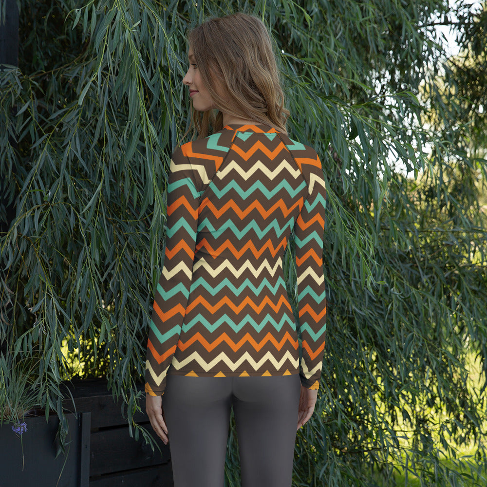 Women's Retro Chevron Long Sleeve Rash Guard Swim Shirt – Buttery Soft, Sun Safe UPF 50+ Protection, Quick Dry & 4-Way Stretch Comfort
