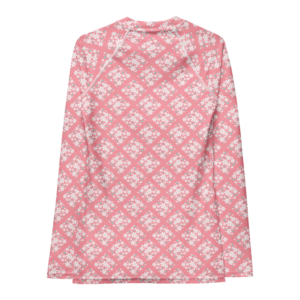 Women's Pink Floral Diamond Long Sleeve Rash Guard Swim Shirt – Buttery Soft, Sun Safe UPF 50+ Protection, Quick Dry & 4-Way Stretch Comfort