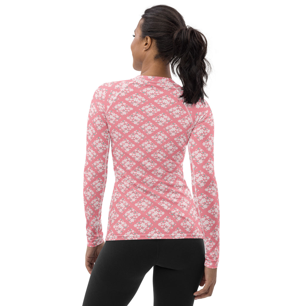 Women's Pink Floral Diamond Long Sleeve Rash Guard Swim Shirt – Buttery Soft, Sun Safe UPF 50+ Protection, Quick Dry & 4-Way Stretch Comfort