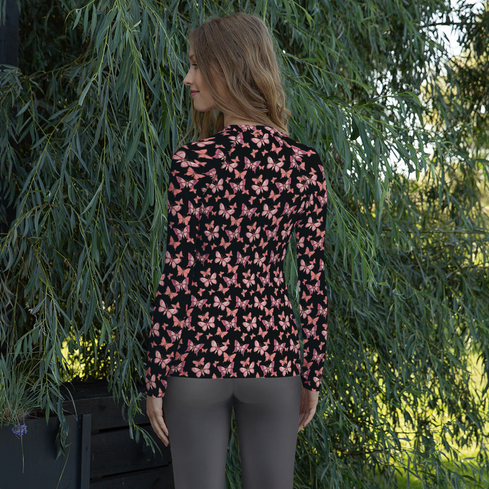 Women's Pink Butterfly Long Sleeve Rash Guard Swim Shirt – Buttery Soft, Sun Safe UPF 50+ Protection, Quick Dry & 4-Way Stretch Comfort