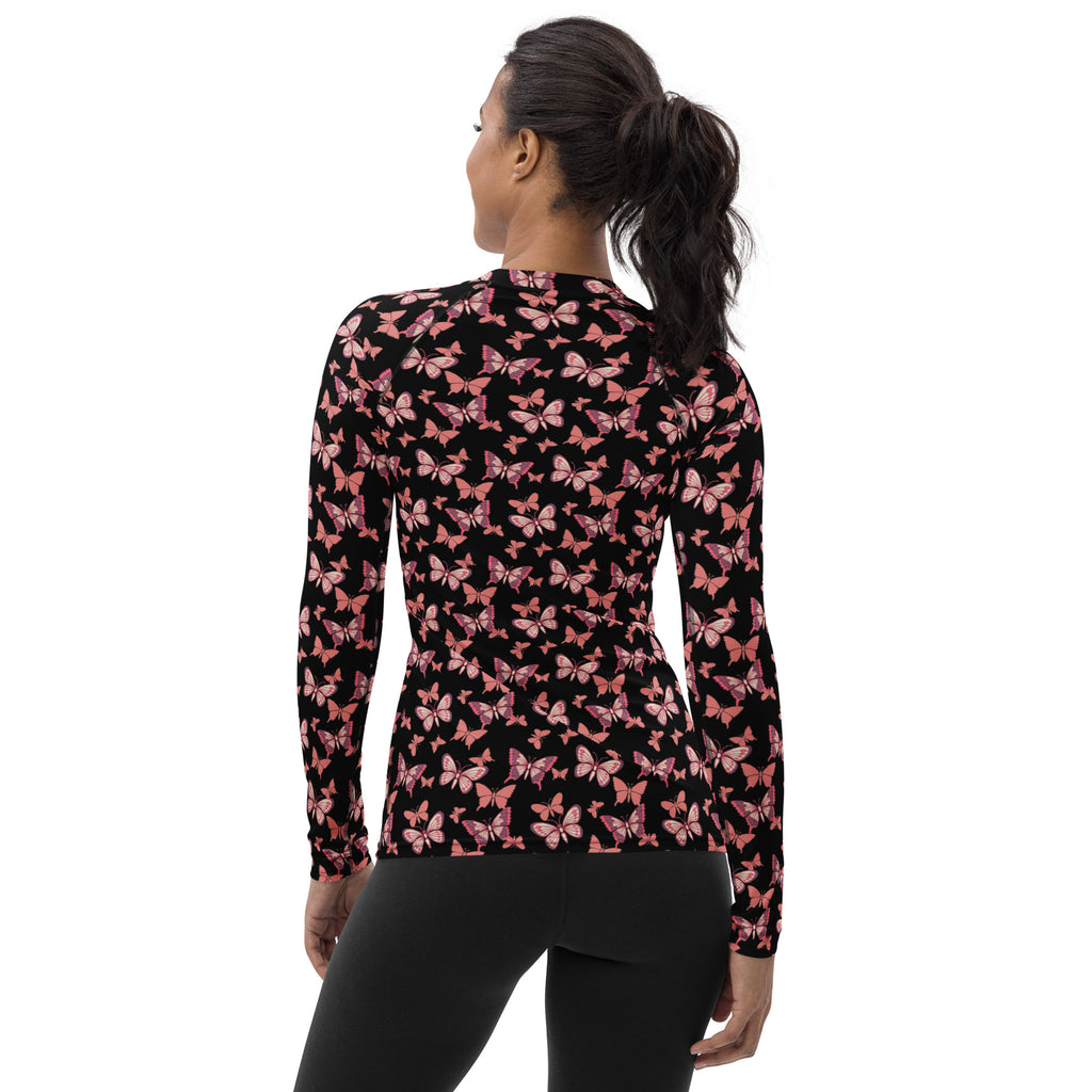 Women's Pink Butterfly Long Sleeve Rash Guard Swim Shirt – Buttery Soft, Sun Safe UPF 50+ Protection, Quick Dry & 4-Way Stretch Comfort
