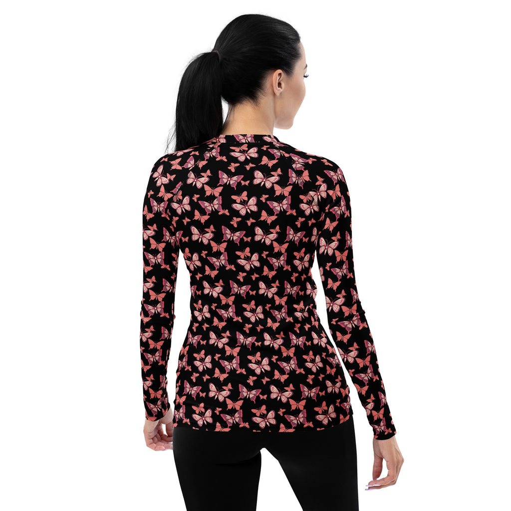 Women's Pink Butterfly Long Sleeve Rash Guard Swim Shirt – Buttery Soft, Sun Safe UPF 50+ Protection, Quick Dry & 4-Way Stretch Comfort