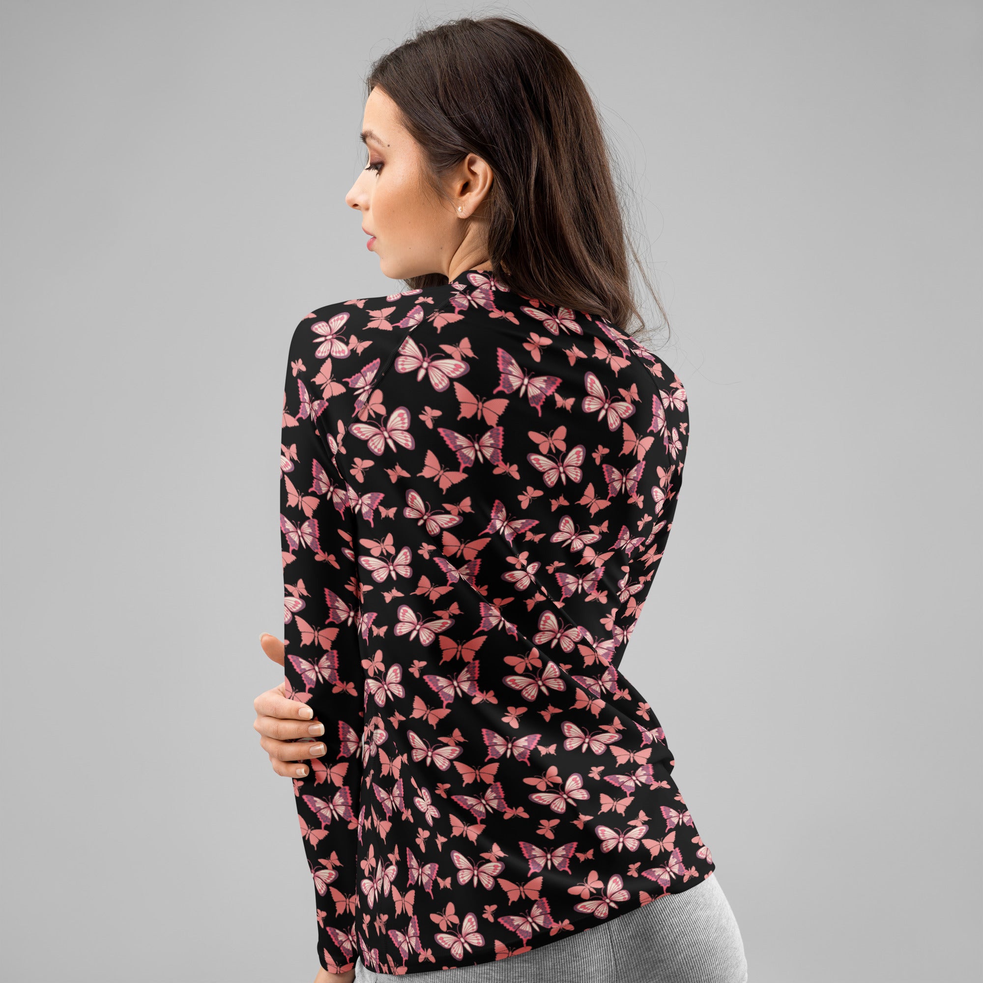 Women's Pink Butterfly Long Sleeve Rash Guard Swim Shirt – Buttery Soft, Sun Safe UPF 50+ Protection, Quick Dry & 4-Way Stretch Comfort