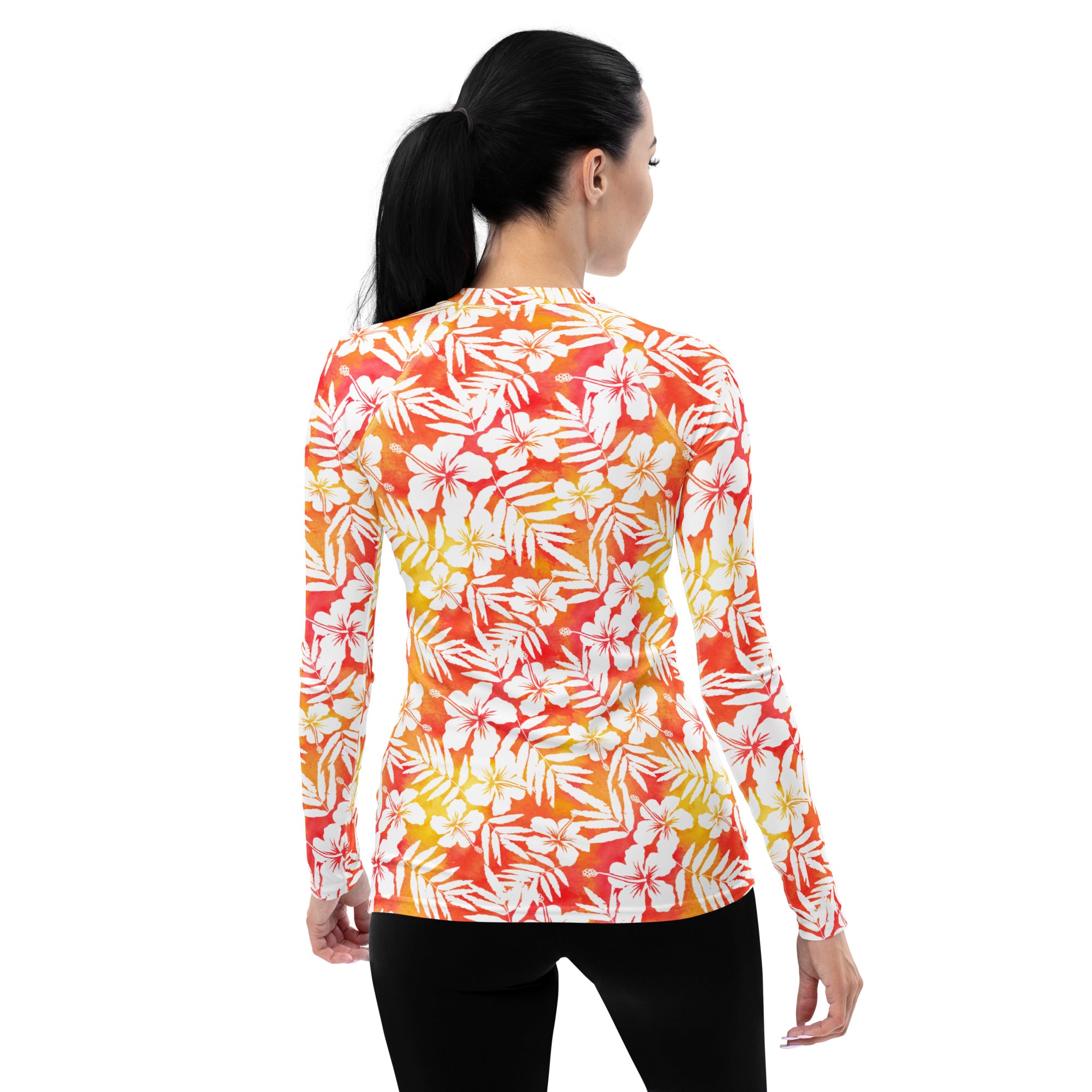 Women's Tropical Orange Floral Long Sleeve Rash Guard Swim Shirt – Buttery Soft, Sun Safe UPF 50+ Protection, Quick Dry & 4-Way Stretch Comfort