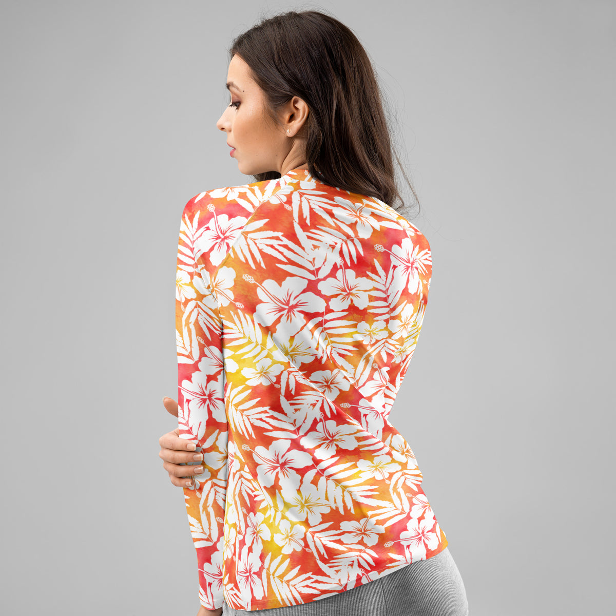 Women's Tropical Orange Floral Long Sleeve Rash Guard Swim Shirt – Buttery Soft, Sun Safe UPF 50+ Protection, Quick Dry & 4-Way Stretch Comfort