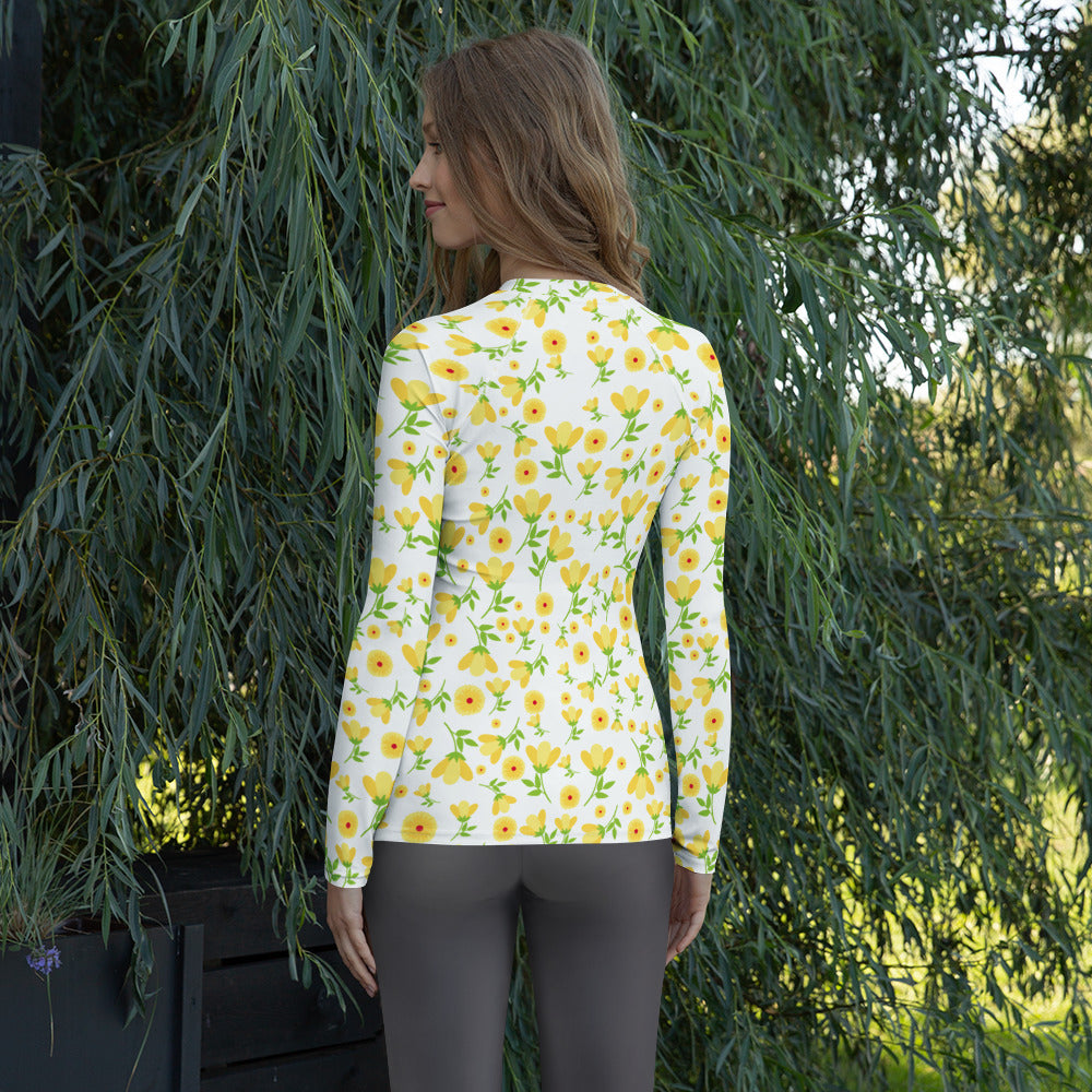 Women's Yellow Floral Wildflower Long Sleeve Rash Guard Swim Shirt – Buttery Soft, Sun Safe UPF 50+ Protection, Quick Dry & 4-Way Stretch Comfort