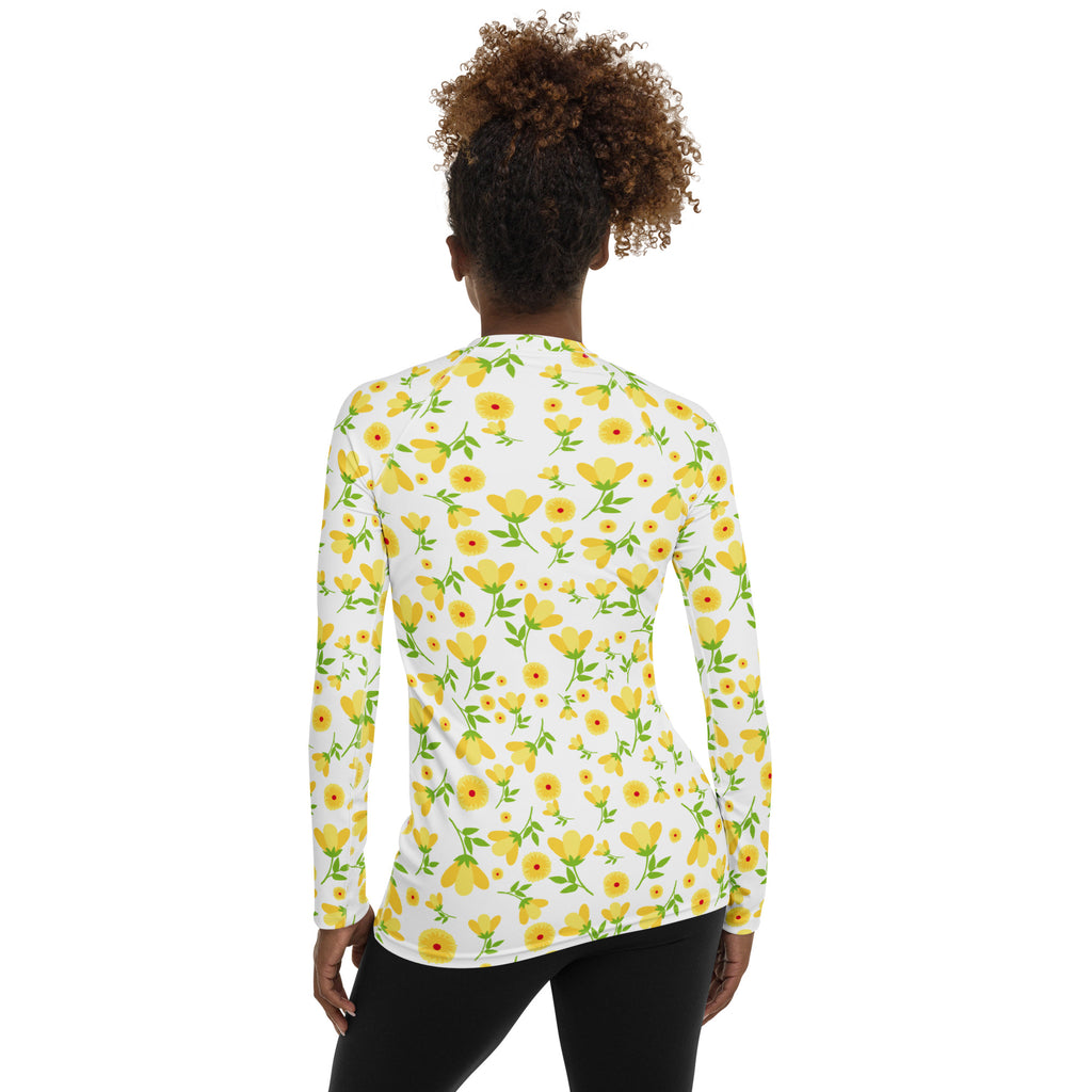 Women's Yellow Floral Wildflower Long Sleeve Rash Guard Swim Shirt – Buttery Soft, Sun Safe UPF 50+ Protection, Quick Dry & 4-Way Stretch Comfort